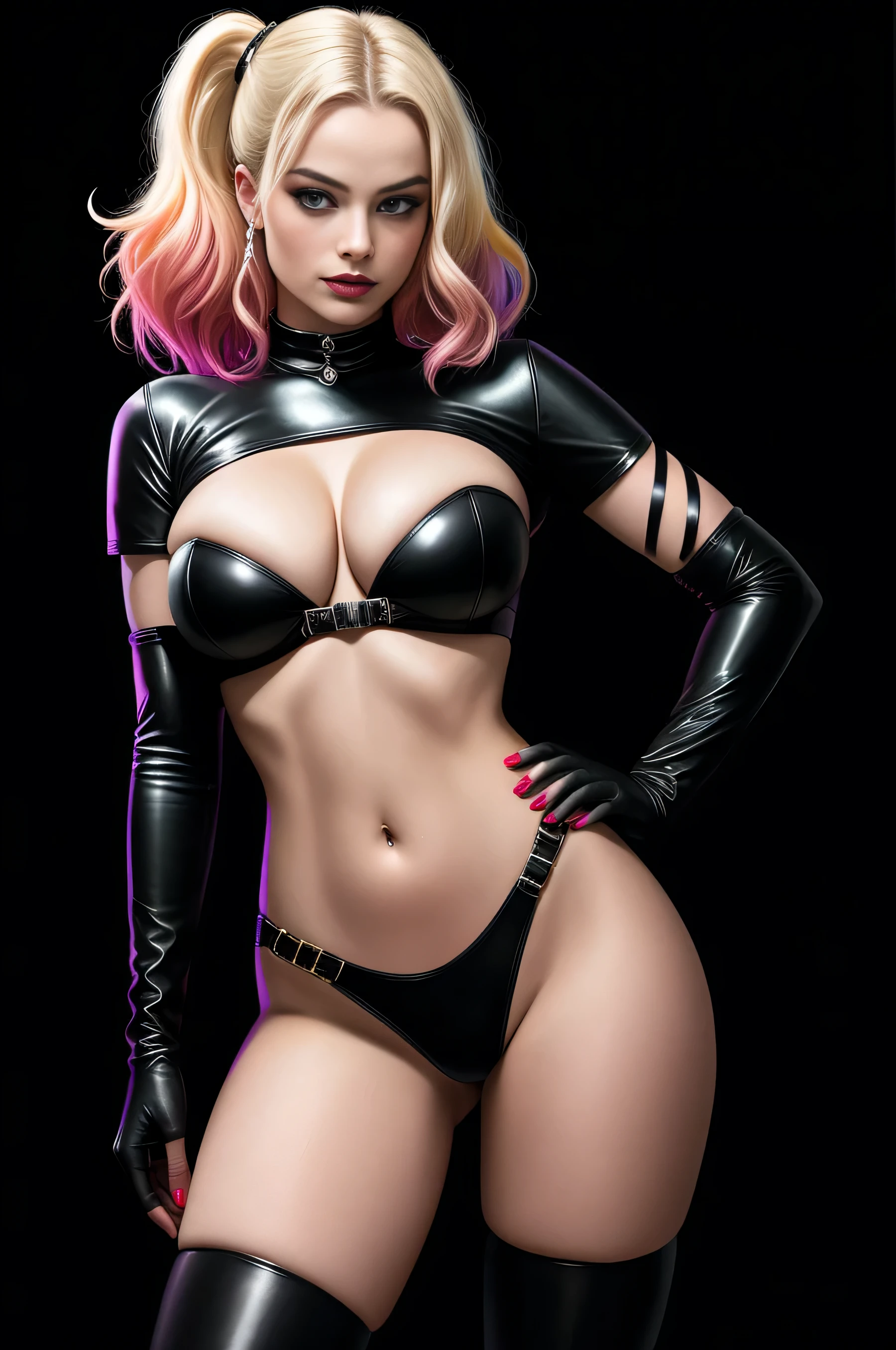 there is Margot Robbie as Harley Quinn standing, nice ass, thigh high boots, 3 d neon art of a woman's body, neon-noir background, cyberpunk femme fatale, seductive cyberpunk dark fantasy, cyberpunk strip clubs, cyberpunk 20 y. o model girl, oppai cyberpunk, banner, high definition cgsociety, cgsociety masterpiece, trending on cgstation, kda, random hair, looking at camera, gigantic breasts, cleavage, (high detailed skin:1.2), 8k uhd, dslr, super lighting, high quality, film grain, high res, highly detailed, hyper realistic, beautiful face, beautiful body, beautiful eyes nose lips, alluring expression, very bold, upper  visible, full body photo, standing legs apart, pale translucent glowing skin, most beautiful face, cute, (well defined pubic hair:1.2)), (dark plain black background:1.4))