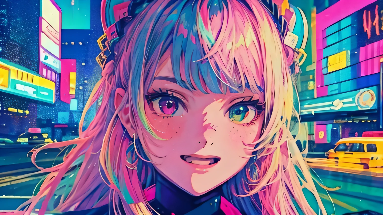 best quality, 4K wallpaper, masterpiece, extremely detailed CG unity 8k wallpaper, extremely detailed eyes, ultra-detailed, intricate details, face close up 1 happy smile shy girl in center, heterochromia, retro art style, neon pop abstract art style, public, highway road, lake, mountain, car