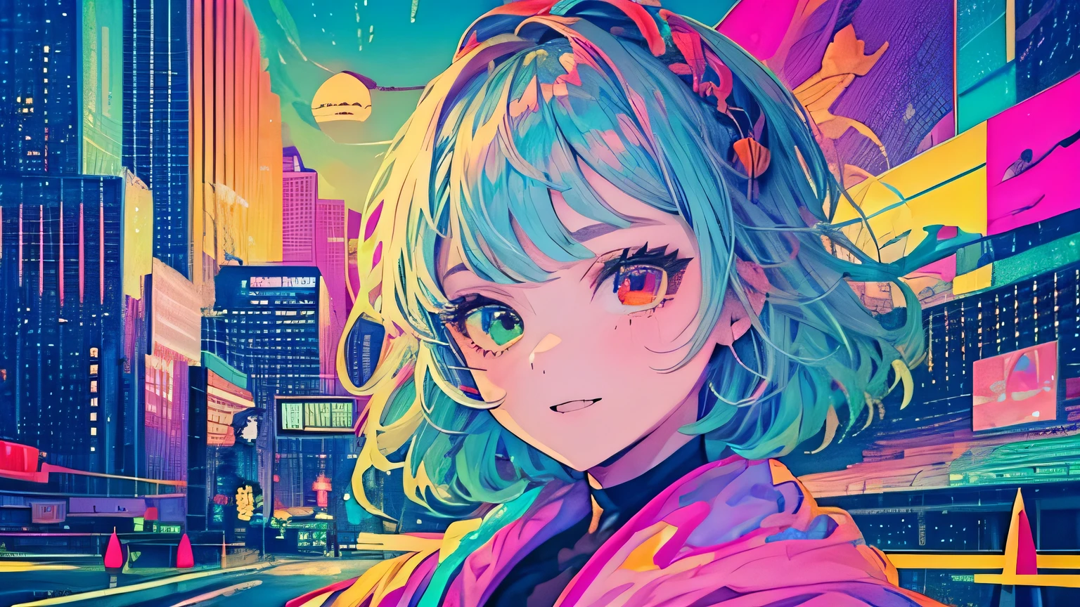best quality, 4K wallpaper, masterpiece, extremely detailed CG unity 8k wallpaper, extremely detailed eyes, ultra-detailed, intricate details, face close up 1 happy smile shy girl in center, heterochromia, retro art style, neon pop abstract art style, public, highway road, lake, mountain, car