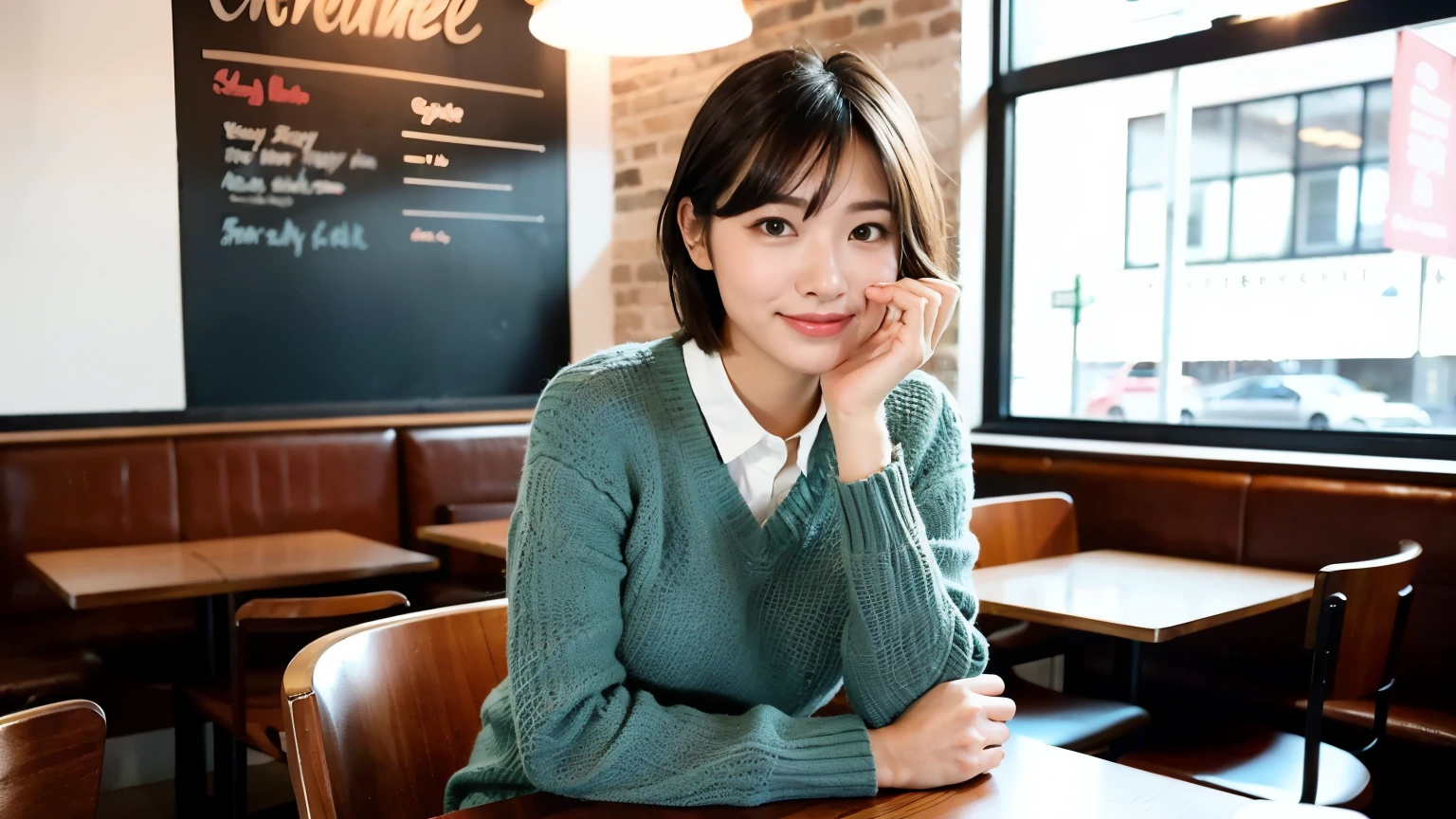 (最high quality、8k、32K、masterpiece:1.2)、A photo of a female college student who looks like a cute model、normal breasts、short bob hair、Upper body、face focus、extra large_sweater、necklace、look at the audience、background a trendy coffee shop with a unique aesthetic and atmosphere. Incorporate elements like modern furniture, artistic decoration, and ambient lighting to enhance the ambiance. People who enjoy drinks々Consider including, engaging in conversation, or quietly working on laptops. Let your creativity flow、In this chic café setting「stable diffusion」Let the idea come to life, I can see other customers enjoying themselves too..。At the back of the cafe、Staff are busy working at the counter.、Feel the vibrancy and warmth of a city cafe.., sharp focus, 1 girl, sexy 1.2, brown hair, With bangs, fine eyes, Beautiful eyes with long slits, double eyelid, (cat face), (cute Face), cute Smile, (close your mouth), (cute), soft skin, surreal, Super detailed, high quality, (Beautiful female college student with short hair studying in a cafe), ((Detailed very cute college girl),