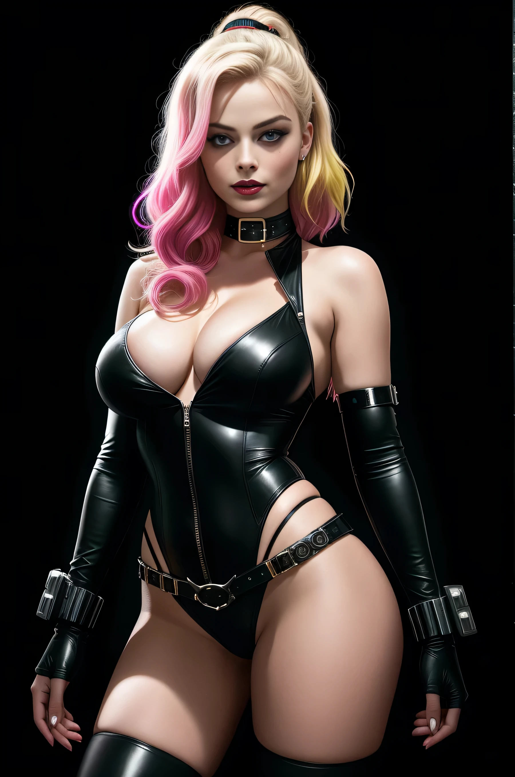 there is Margot Robbie as Harley Quinn standing, nice ass, thigh high boots, 3 d neon art of a woman's body, neon-noir background, cyberpunk femme fatale, seductive cyberpunk dark fantasy, cyberpunk strip clubs, cyberpunk 20 y. o model girl, oppai cyberpunk, banner, high definition cgsociety, cgsociety masterpiece, trending on cgstation, kda, random hair, looking at camera, gigantic breasts, cleavage, (high detailed skin:1.2), 8k uhd, dslr, super lighting, high quality, film grain, high res, highly detailed, hyper realistic, beautiful face, beautiful body, beautiful eyes nose lips, alluring expression, very bold, upper visible, full body photo, standing legs apart, pale translucent glowing skin, most beautiful face, cute, (well defined pubic hair:1.2)), (dark plain black background:1.4))