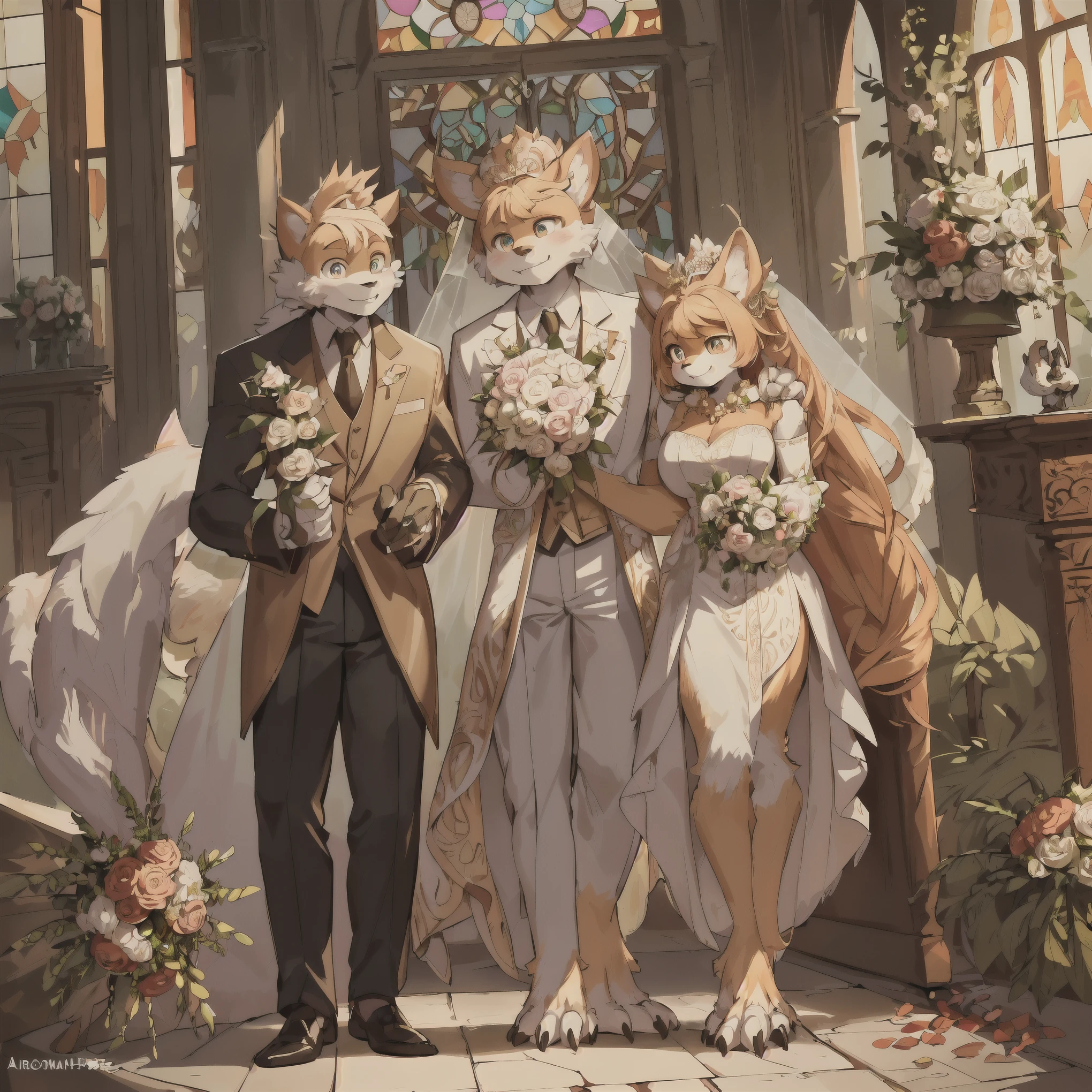 Top quality, ultra-fine illustrations(associations, colorful stained glass with shimmering light, kaleidoscope, wedding aisles lined with jewel-like lamps)(very detailed and beautiful faces, very detailed and beautiful eyes, eyes with lively brilliance)absurdres, perfect anatomy(angelic cute 1girl, kemono, angelic handsome 1boy, couple)(happy wedding, husband in tuxedo, beastman wife in wedding dress, husband hugging wife's shoulders, Two people staring at each other and smiling, wedding photo, bouquet of beautiful flowers, shining wedding ring on ring finger)(furry anthro:1.7)(furry body, animal face features, animal body features)(very detailed fur)full body, smile, kiss (dynamic pose),