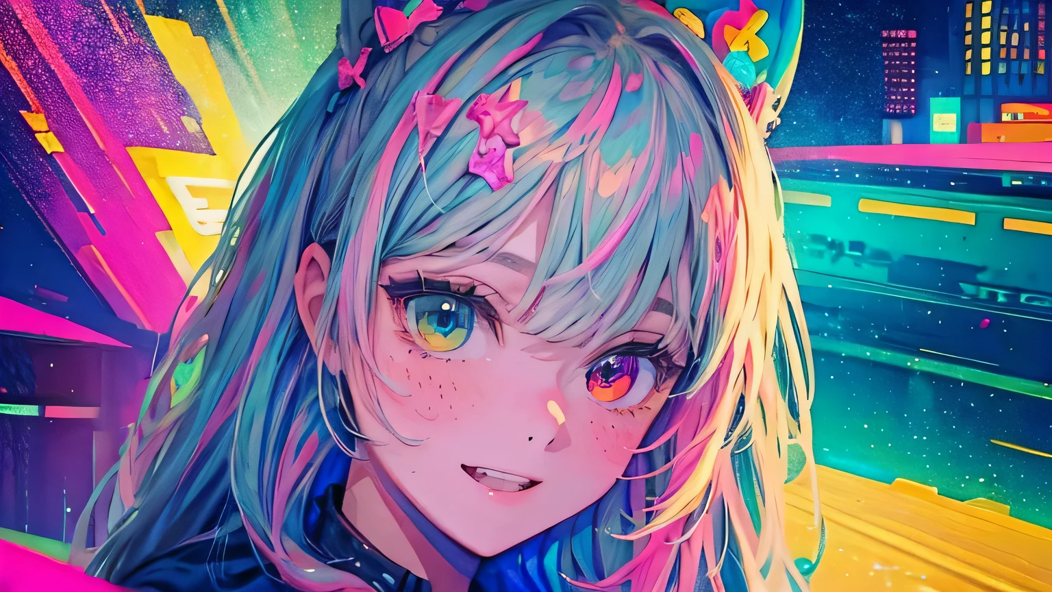 best quality, 4K wallpaper, masterpiece, extremely detailed CG unity 8k wallpaper, extremely detailed eyes, ultra-detailed, intricate details, face close up 1 happy smile shy girl in center, heterochromia, retro art style, neon pop abstract art style, public, highway road, lake, mountain, car
