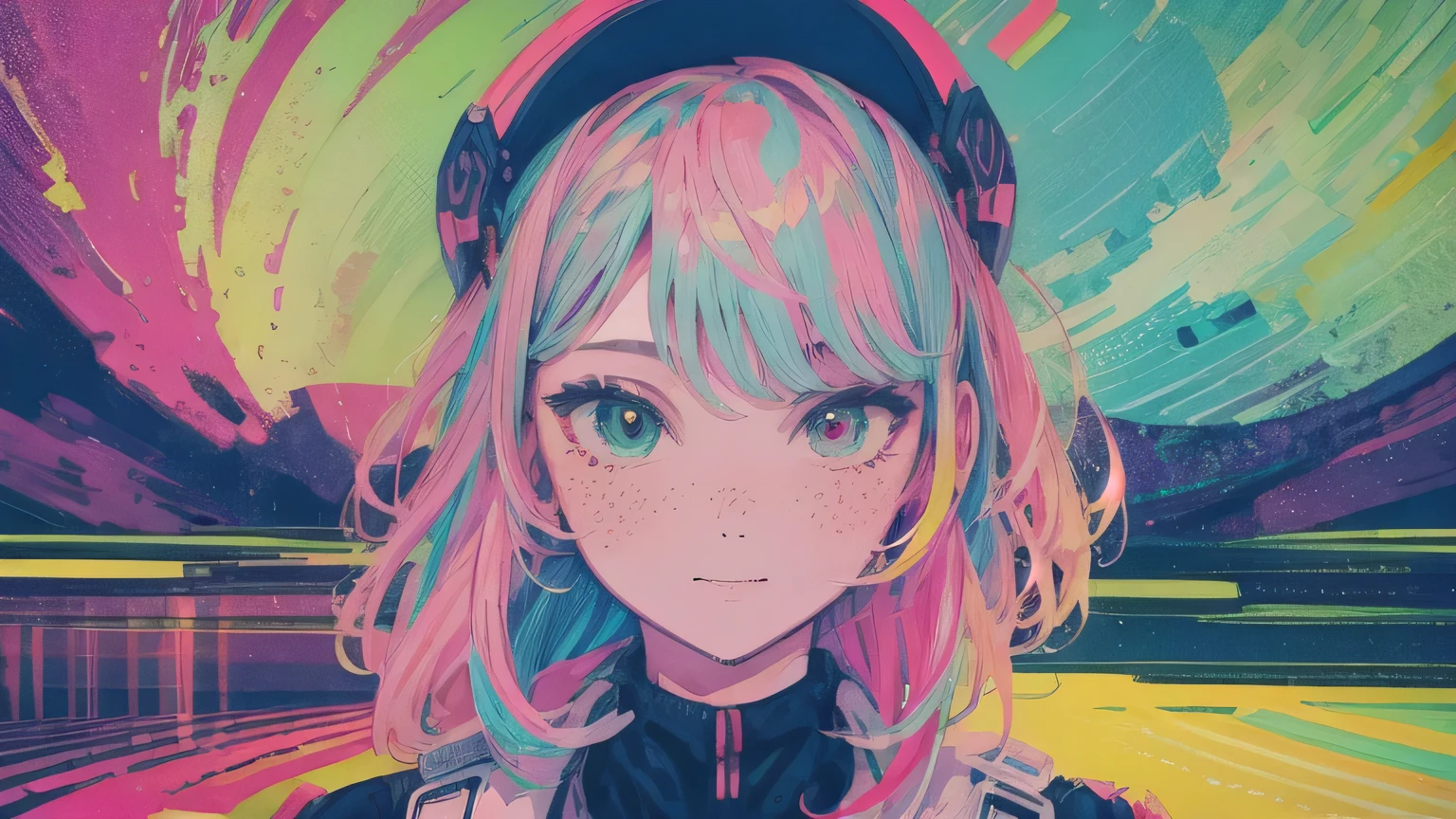 best quality, 4K wallpaper, masterpiece, extremely detailed CG unity 8k wallpaper, extremely detailed eyes, ultra-detailed, intricate details, face close up 1 happy smile shy girl in center, heterochromia, retro art style, neon pop abstract art style, public, highway road, lake, mountain, car