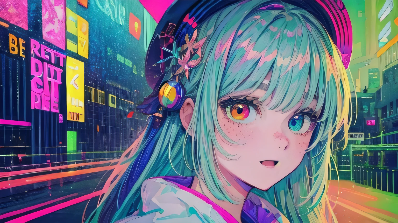 best quality, 4K wallpaper, masterpiece, extremely detailed CG unity 8k wallpaper, extremely detailed eyes, ultra-detailed, intricate details, face close up 1 happy smile shy girl in center, heterochromia, retro art style, neon pop abstract art style, public, highway road, lake, mountain, car