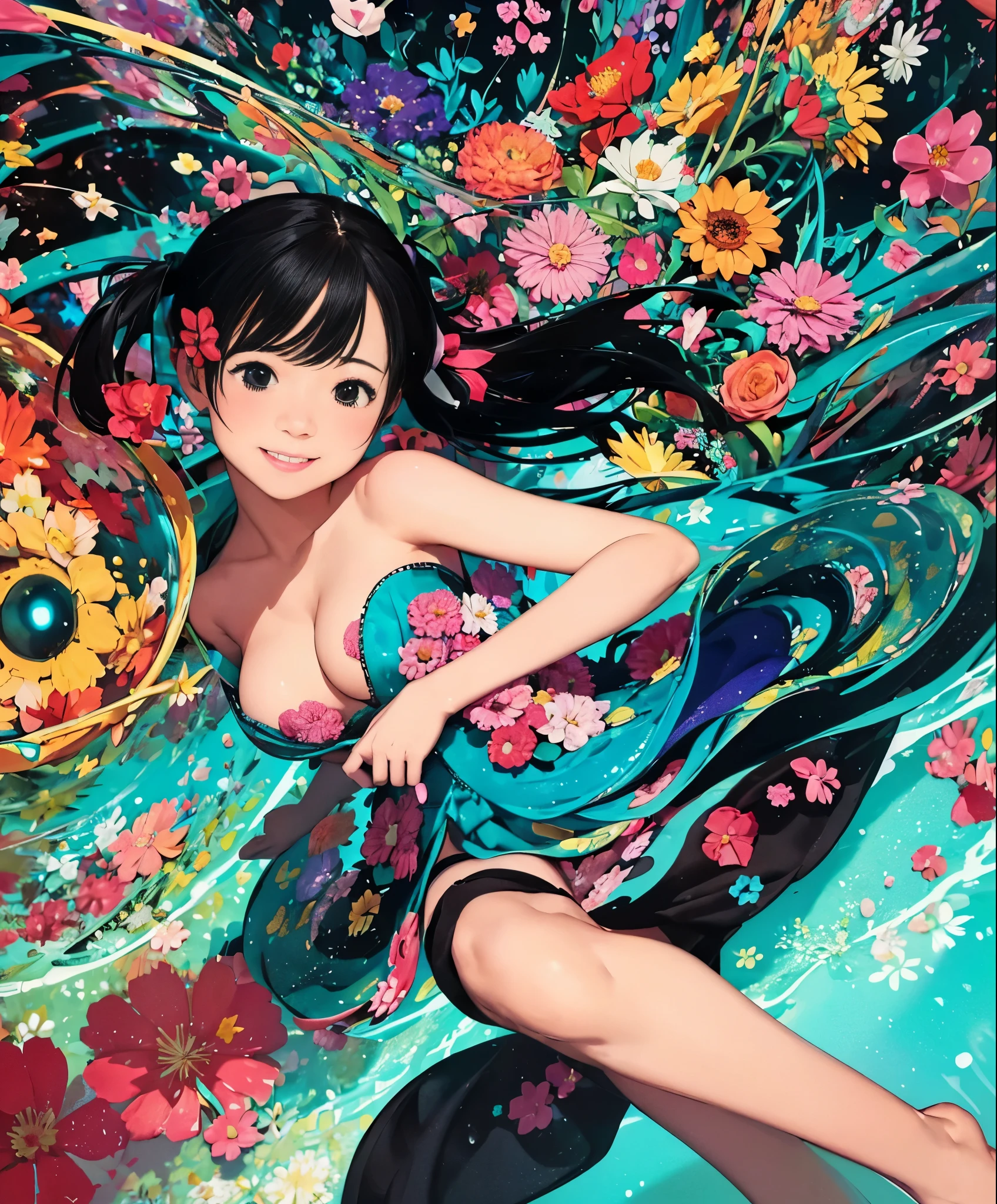 (masterpiece、highest quality、highest quality、official art、beautiful beautiful:1.2)、(1 girl:1.3)Hatsune Miku、twin tails,big breasts,very detailed,(fractal art:1.1),(colorful:1.1)(flowers:1.3)、 (dynamic pose), (abstract background:1.3)、(lots of colors:1.4)、Place one small doll on the circular stand、cute pose、laughter、black haired、Chibi Doll、stars in the eyes（about）、While singing with a microphone in hand、eye up、smile、Cute red shoes、Super detailed, shining light、bioluminescence、Stronger bokeh effect、shot from the side