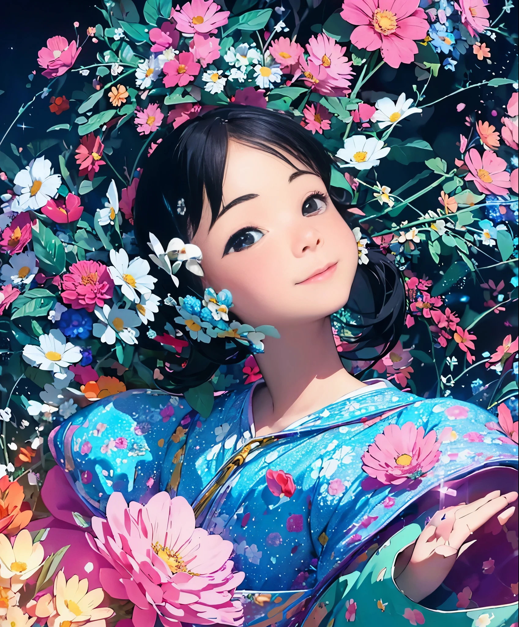 (masterpiece、highest quality、highest quality、official art、beautiful beautiful:1.2)、(1 girl:1.3)Hatsune Miku、twin tails,big breasts,very detailed,(fractal art:1.1),(colorful:1.1)(flowers:1.3)、 (dynamic pose), (abstract background:1.3)、(lots of colors:1.4)、Place one small doll on the circular stand、cute pose、laughter、black haired、Chibi Doll、stars in the eyes(about)、While singing with a microphone in hand、eye up、smile、Cute red shoes、Super detailed, shining light、bioluminescence、Stronger bokeh effect、shot from the side