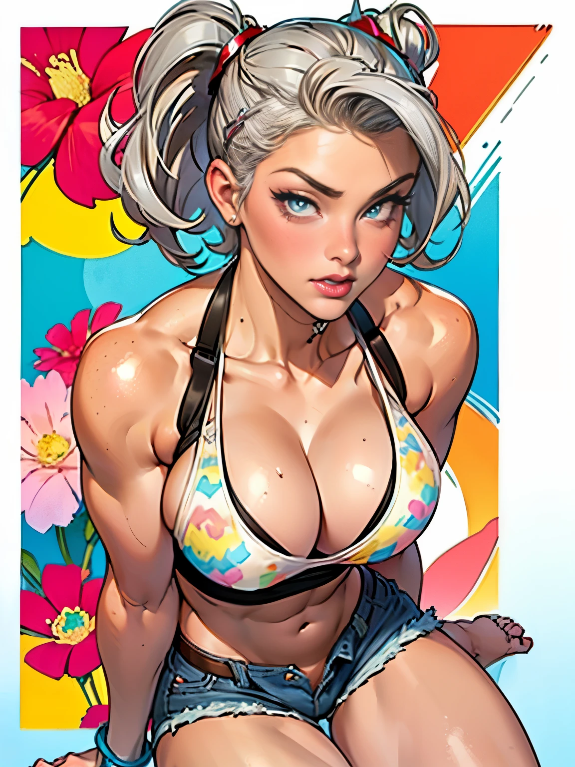 (high quality, best rendering), (beautiful girl), blue eyes, gray hair(bombshell, pin-up style), psychopath, crazy face, sexy pose, jean short shorts, tank top, pastel, centered, scale to fit dimensions, micro thong, micro bikini, camel toe