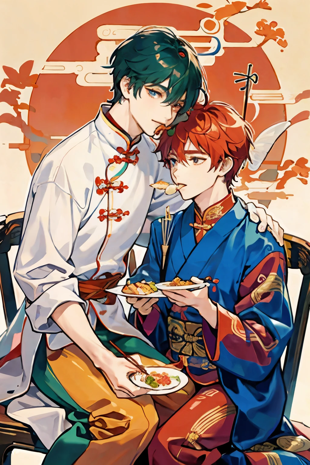 2 Men, sit on the chair, Feeding someone food with chopsticks, Chinese Background