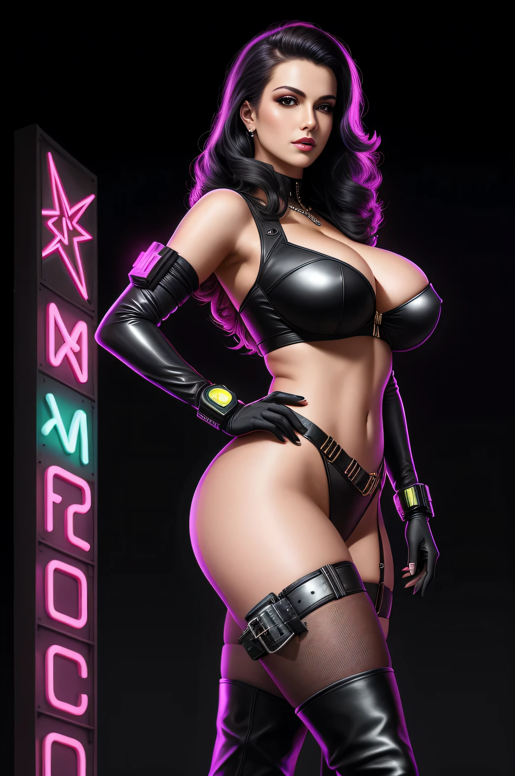 there is Rita Hayworth standing, nice ass, thigh high boots, 3 d neon art of a woman's body, neon-noir background, cyberpunk femme fatale, seductive cyberpunk dark fantasy, cyberpunk strip clubs, cyberpunk 20 y. o model girl, oppai cyberpunk, banner, high definition cgsociety, cgsociety masterpiece, trending on cgstation, kda, random hair, looking at camera, gigantic breasts, cleavage, (high detailed skin:1.2), 8k uhd, dslr, super lighting, high quality, film grain, high res, highly detailed, hyper realistic, beautiful face, beautiful body, beautiful eyes nose lips, alluring expression, very bold, upper visible, full body photo, standing legs apart, pale translucent glowing skin, most beautiful face, cute, (well defined pubic hair:1.2)), (dark plain black background:1.4))