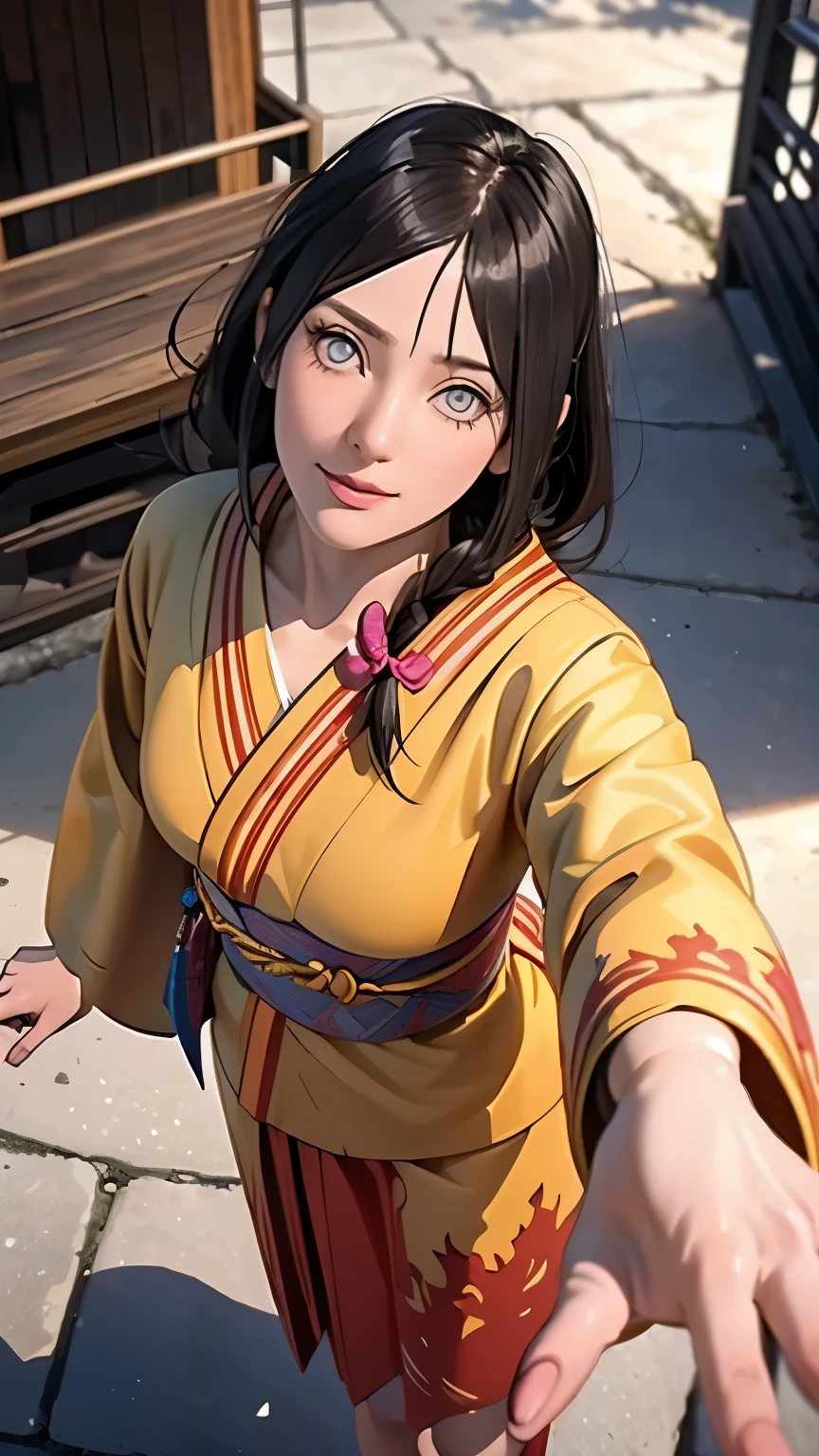 （（（完美figure，figure，orange kimono, obi，hakama skirt，hana，flame print kimono，（（（hyuuga hanabi，low tied long hair，hair bow，Light blue pupils））），S型figure:1.7））），((masterpiece)),high resolution, ((Best quality at best))，masterpiece，quality，Best quality，（（（ Exquisite facial features，looking at the audience,There is light in the eyes，Happy，***********nterlacing of light and shadow，））），（（（looking into camera，black background，Exaggerated perspective , ultra wide shot,）））