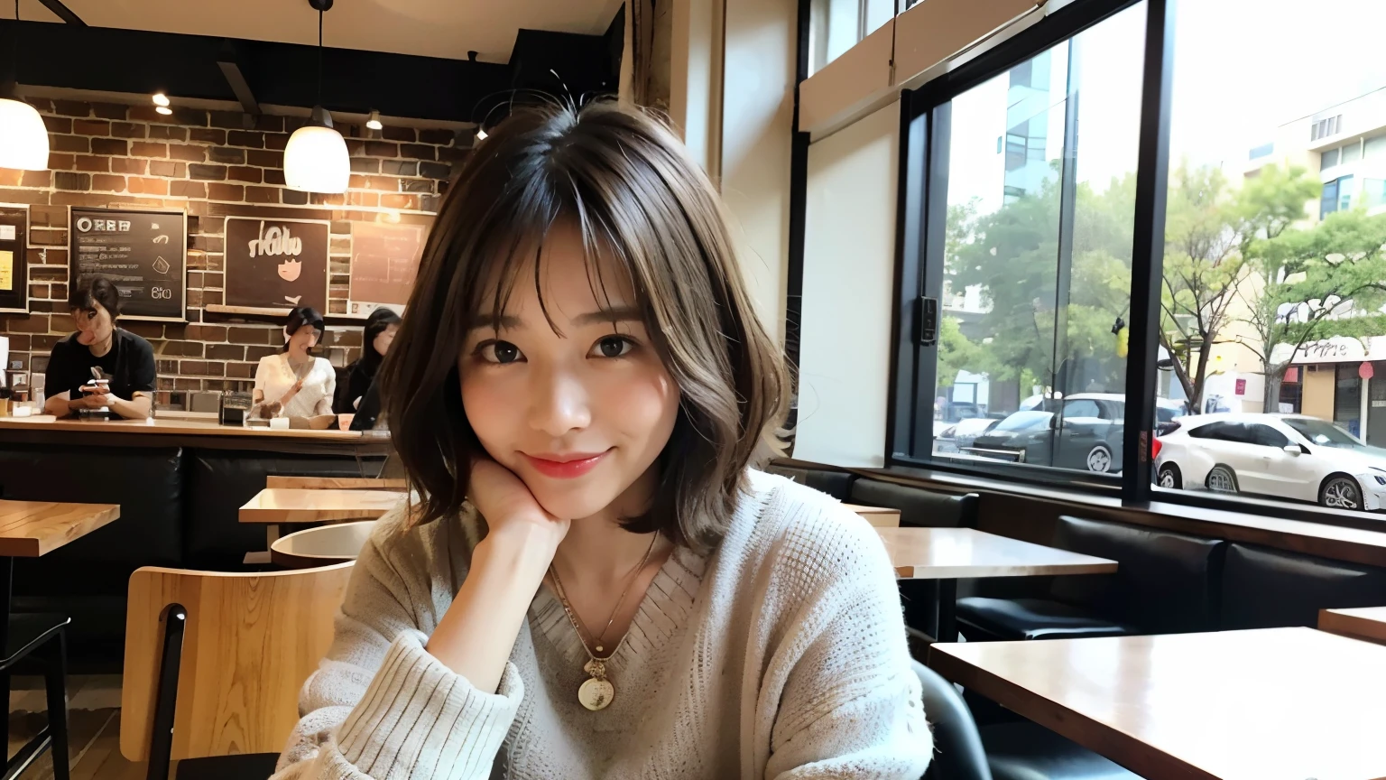 (最high quality、8k、32K、masterpiece:1.2)、A photo of a female college student who looks like a cute model、normal breasts、short bob hair、Upper body、face focus、extra large_sweater、necklace、look at the audience、background a trendy coffee shop with a unique aesthetic and atmosphere. Incorporate elements like modern furniture, artistic decoration, and ambient lighting to enhance the ambiance. People who enjoy drinks々Consider including, engaging in conversation, or quietly working on laptops. Let your creativity flow、In this chic café setting「stable diffusion」Let the idea come to life, I can see other customers enjoying themselves too..。At the back of the cafe、Staff are busy working at the counter.、Feel the vibrancy and warmth of a city cafe.., sharp focus, 1 girl, sexy 1.2, brown hair, With bangs, fine eyes, Beautiful eyes with long slits, double eyelid, (cat face), (cute Face), cute Smile, (close your mouth), (cute), soft skin, surreal, Super detailed, high quality, (Beautiful female college student with short hair studying in a cafe), ((Detailed very cute college girl), 