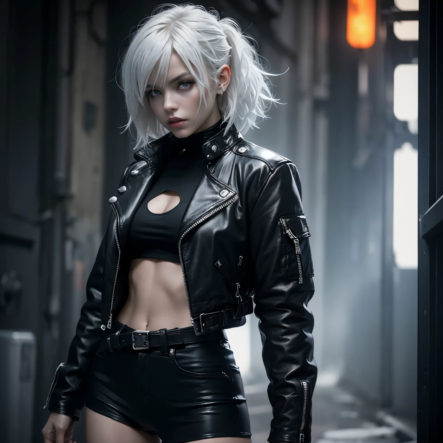 blond woman in black leather jacket and silver makeup posing, wearing cyberpunk leather jacket, jacket over bare torso, 2 b, 2b, cyborg - girl with silver hair, styled like ghost in the shell, dressed in short leather jacket, leather clothing, she wears leather jacket, nier inspired, cosplay on black harley queen, girl with short white hair