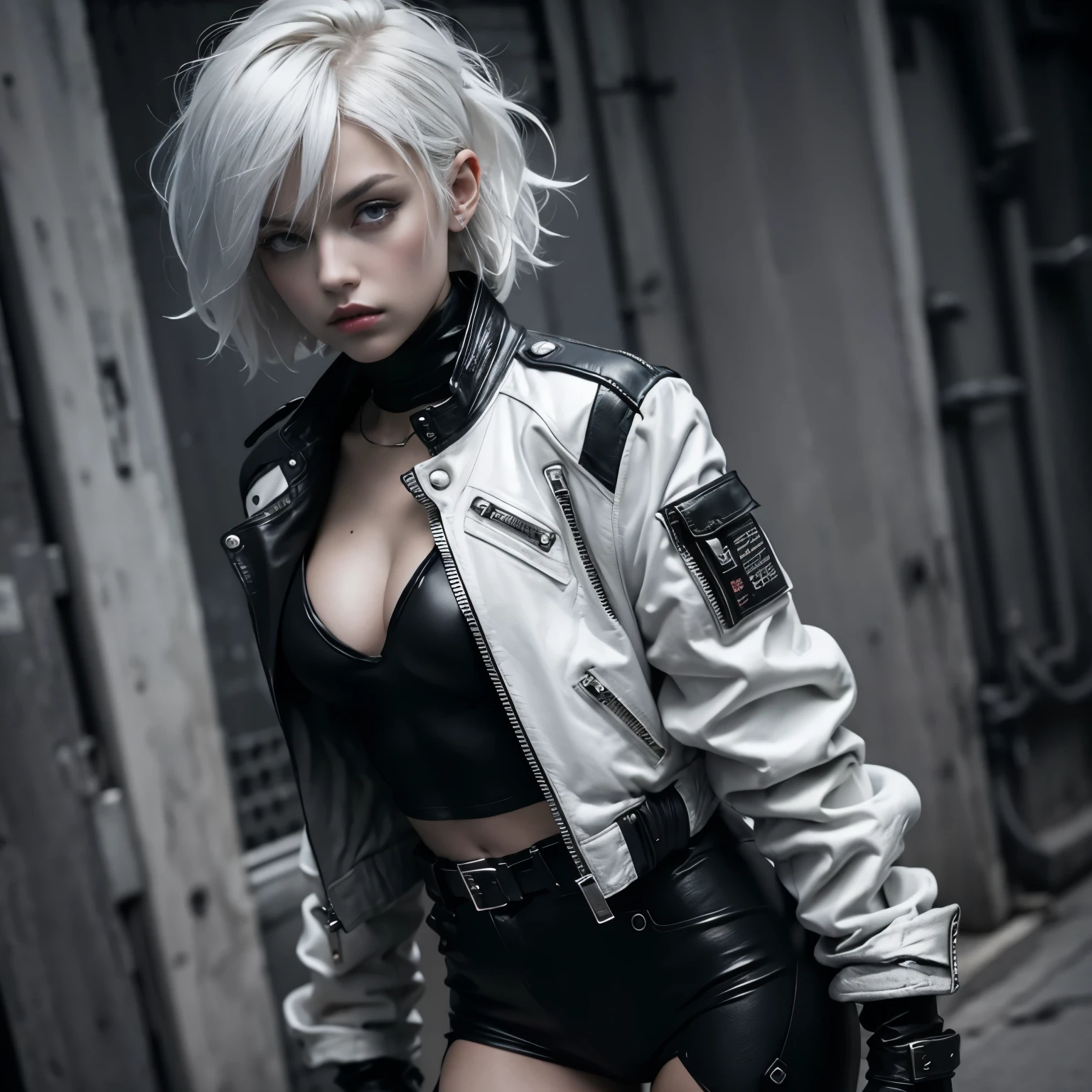 blond woman in black leather jacket and silver makeup posing, wearing cyberpunk leather jacket, jacket over bare torso, 2 b, 2b, cyborg - girl with silver hair, styled like ghost in the shell, dressed in short leather jacket, leather clothing, she wears leather jacket, nier inspired, cosplay on black harley queen, girl with short white hair