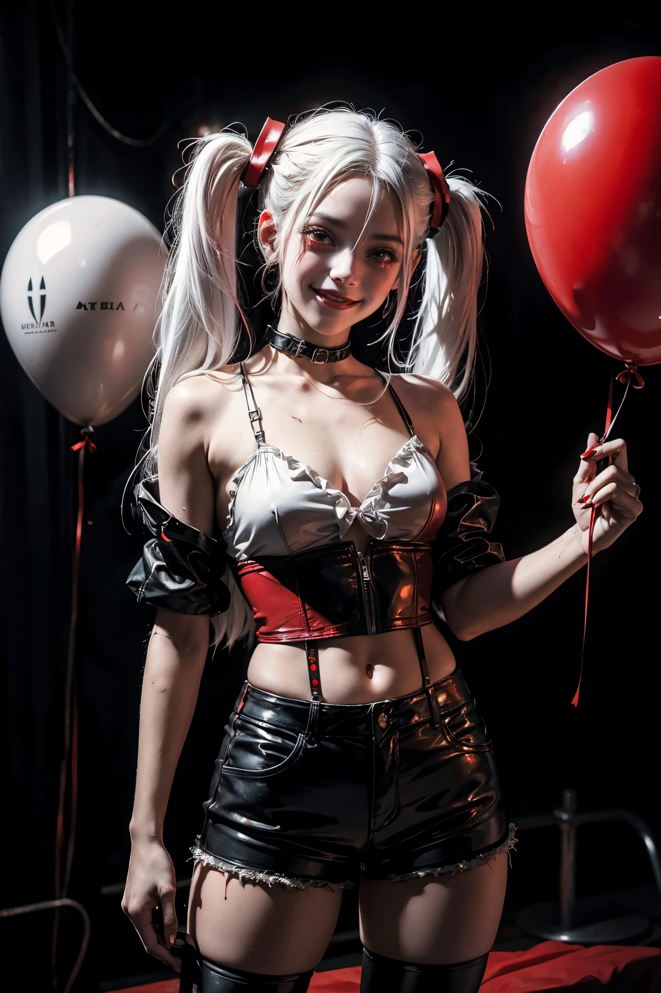 Macabre. an oil painting of dark figure, a girl clown smiling with red paint. tight leather shorts. white hair in twintails. dark ambient. background a dark room with red ballons.
