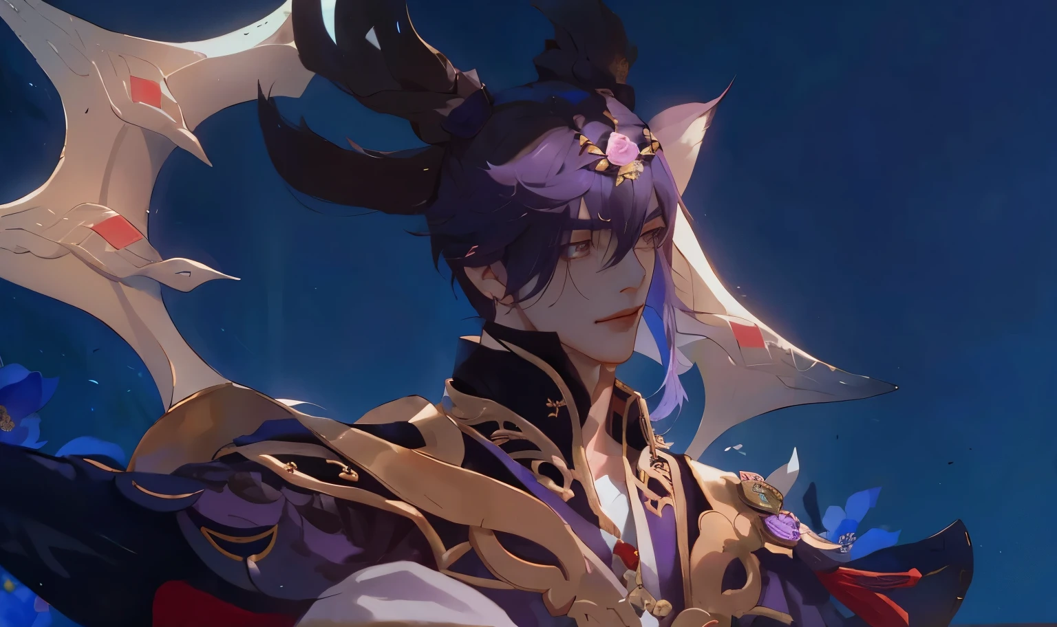 Enjou of Genshin impact, handsome man smirking, close up of a person, with a flower, flirtatiously, Punishing Gray Raven, Final Fantasy, FF7, handsome man, androgynous prince, delicate androgynous prince, handsome prince, zhongli from genshin impact, heise jinyao, casimir art, genshin, loong, royal elegant pose, taisho roman, granblue fantasy