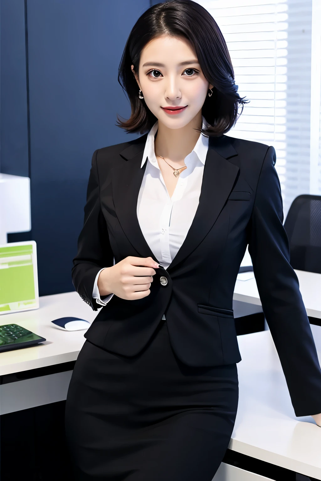 Japanese, Black hair, Skinny, office-suit, tight skirt,cleavage