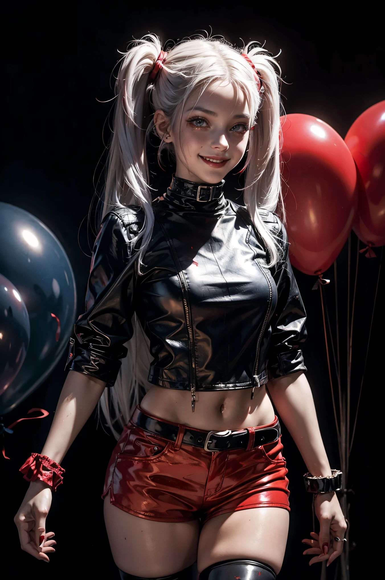 Macabre. an oil painting of dark figure, a teen girl clown smiling with red paint. tight leather shorts. white hair in twintails. dark ambient. background a dark room with red ballons.