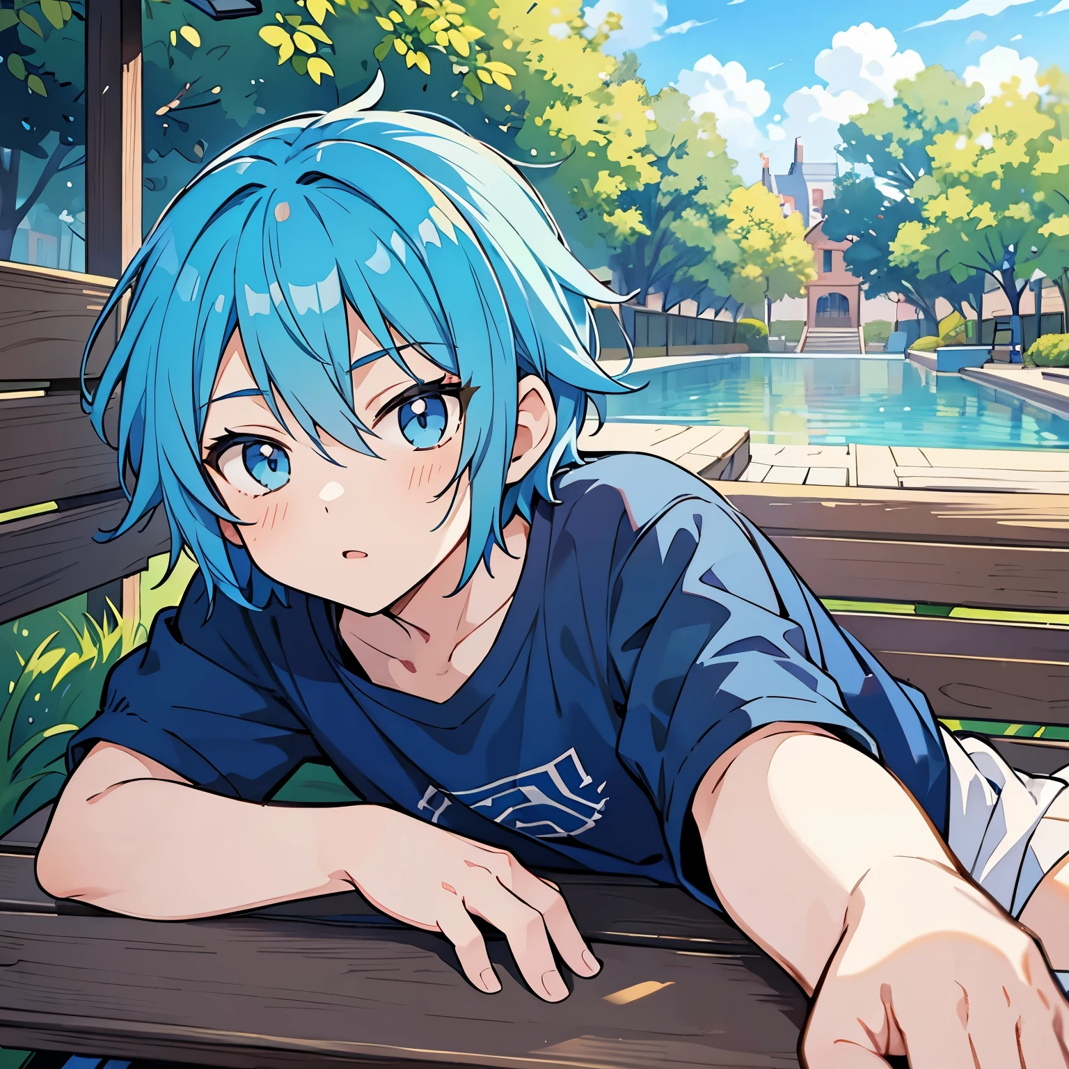 Picture of an anime boy with his feet facing the camera, blue hair, blue eyes, lying down on a bench, 2d,