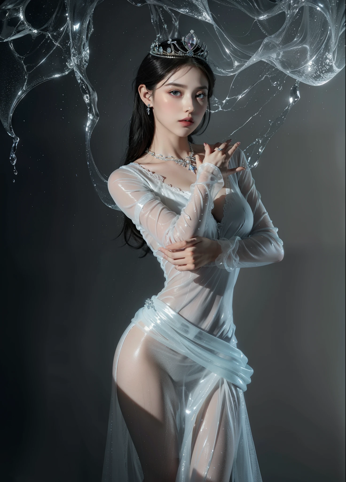 Sheer dress with floral pattern,Tai Chi elements,Optimal image quality,Partial underwater photography,Woman double ponytail,Scattered ribbons,Delicate light makeup