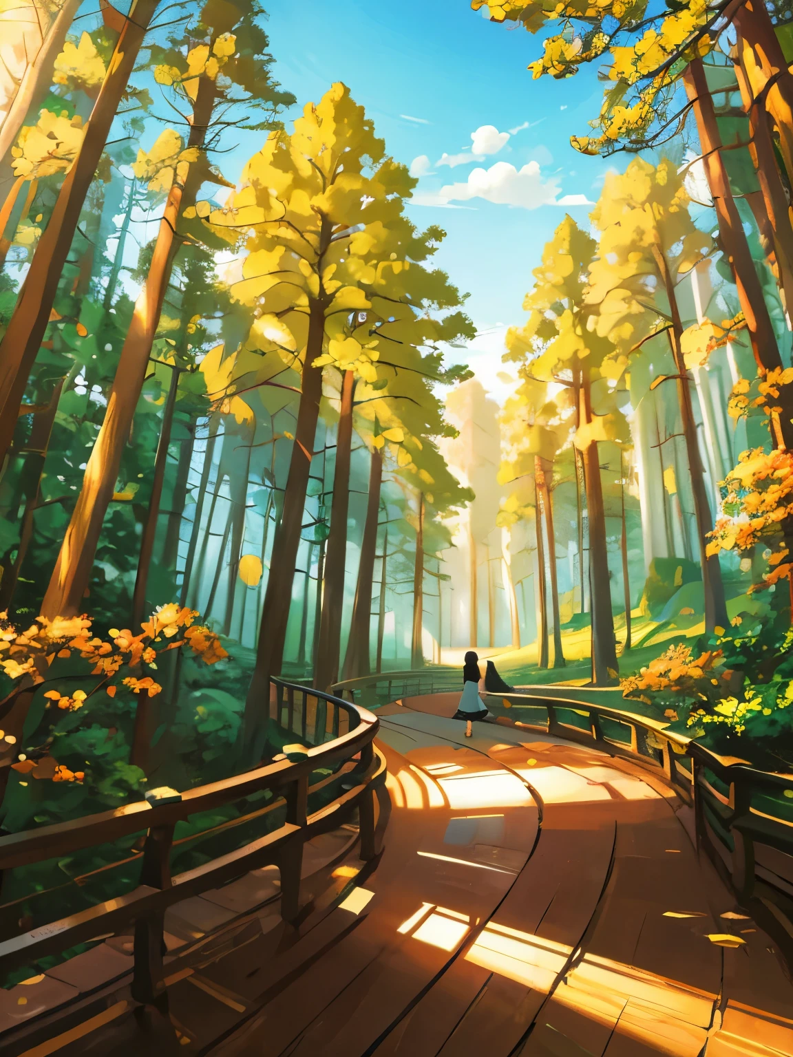 masterpiece，high quality，illustration style，Forest path，Back view of girl with long black hair and white dress，colorful woods，warm colored light，Healing，