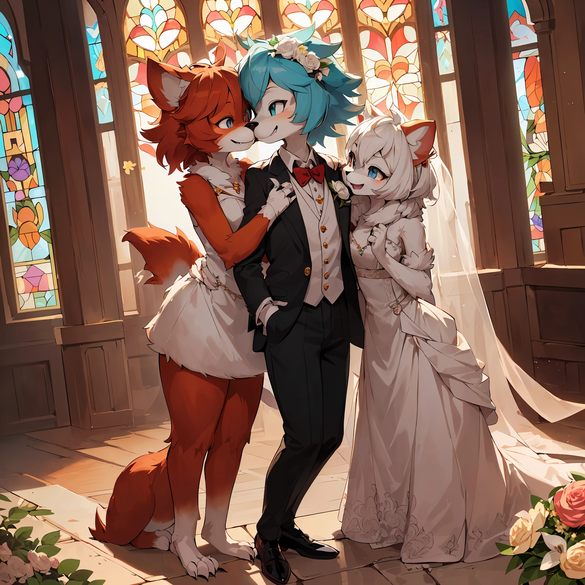 Top quality, ultra-fine illustrations(associations, colorful stained glass with shimmering light, kaleidoscope, wedding aisles lined with jewel-like lamps)(very detailed and beautiful faces, very detailed and beautiful eyes, eyes with lively brilliance)absurdres, perfect anatomy(angelic cute 1girl, kemono, angelic handsome 1boy, couple)(happy wedding, husband in tuxedo, beastman wife in wedding dress, husband hugging wife's shoulders, Two people staring at each other and smiling, wedding photo, bouquet of beautiful flowers, shining wedding ring on ring finger)(furry anthro:1.7)(furry body, animal face features, animal body features)(very detailed fur)full body, smile, kiss (dynamic pose),