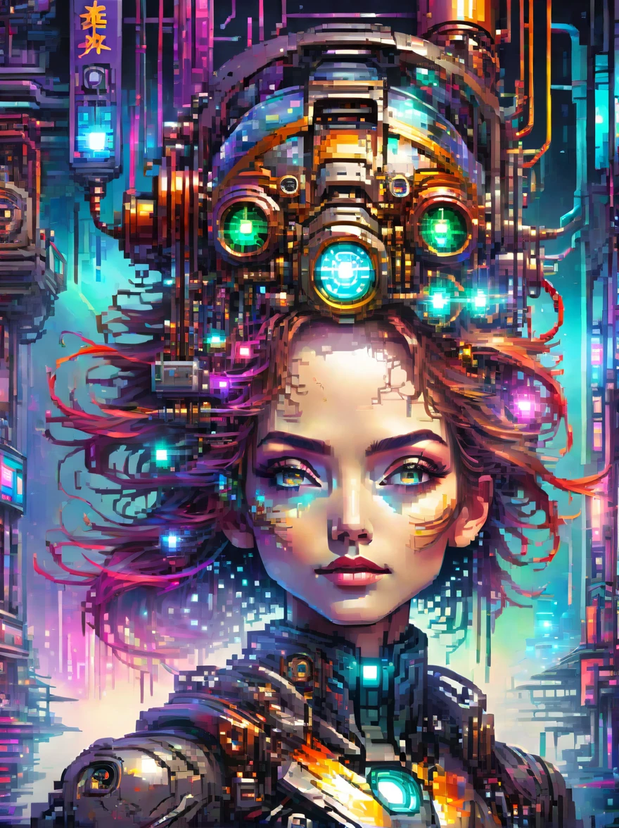 (pixel art:1.5),cyberpunk,Steampunk,fault art,Holographic projection,mechanical aesthetics,,neon lights,laser light,fluorescence,space light,glow effect,androgynous lighting,rainbow foil,Unreal Engine,Deep hybrid minimalism,real scene:一位18 岁的女性全身站在cyberpunk荒芜的地方,Stunning cloudscape. (Wearing Iron Man mecha) About her incredibly complex anatomy (Graphene: 1.1) Biomechanically symmetrical arms and biomechanically symmetrical legs. Very detailed, Elegant ornate symmetrical fractal details with kyanite gemstones. Shooting with bright scenes, soft natural light, Dramatic shadows and beautiful vibrant colors. Art style. cyberpunk风格的8k分辨率图像, Intricate symmetrical details. The whole picture is full of indomitable heroism. Full body picture of a person standing, Smooth movements and confident expressions.