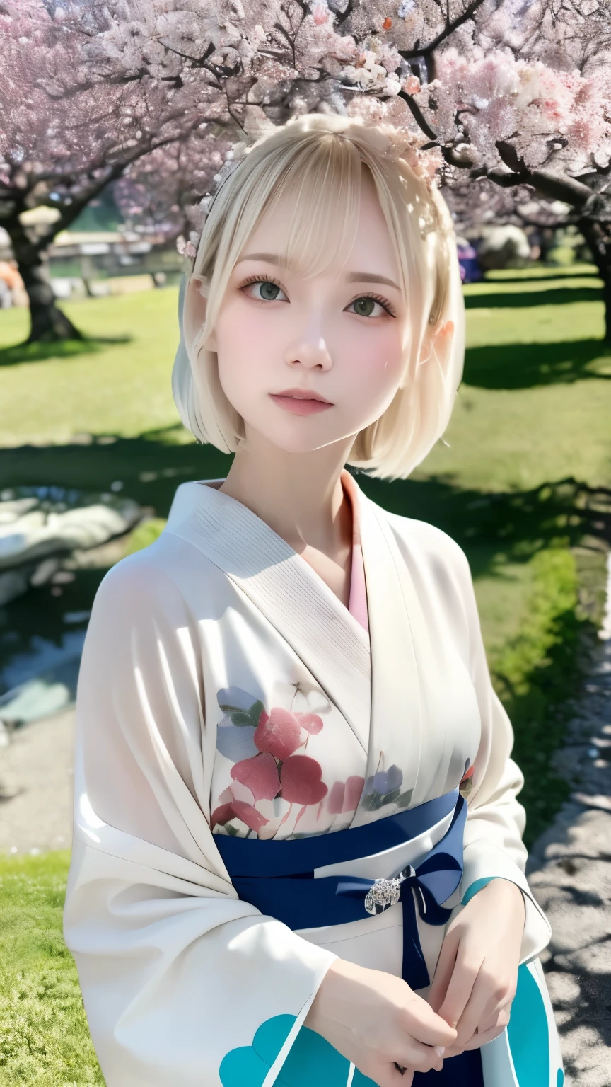 (kimono)、Japanese clothing、(highest quality,masterpiece:1.3,超A high resolution,),(Super detailed,caustics),(Photoreal:1.4,RAW shooting,)ultra-realistic capture,very detailed,High resolution 16K suitable for human skin、 Natural skin texture、、Skin tone looks even and healthy、 Use natural light and color,one woman,Japanese,,cute,Beautiful silky silver hair,middle hair,(Depth of written boundary、chromatic aberration、wide lighting range、natural shading、)、(hair swaying in the wind:1.3)、(Cherry tree in full bloom:1.3)、Someiyoshino、Beautiful town of Kyoto