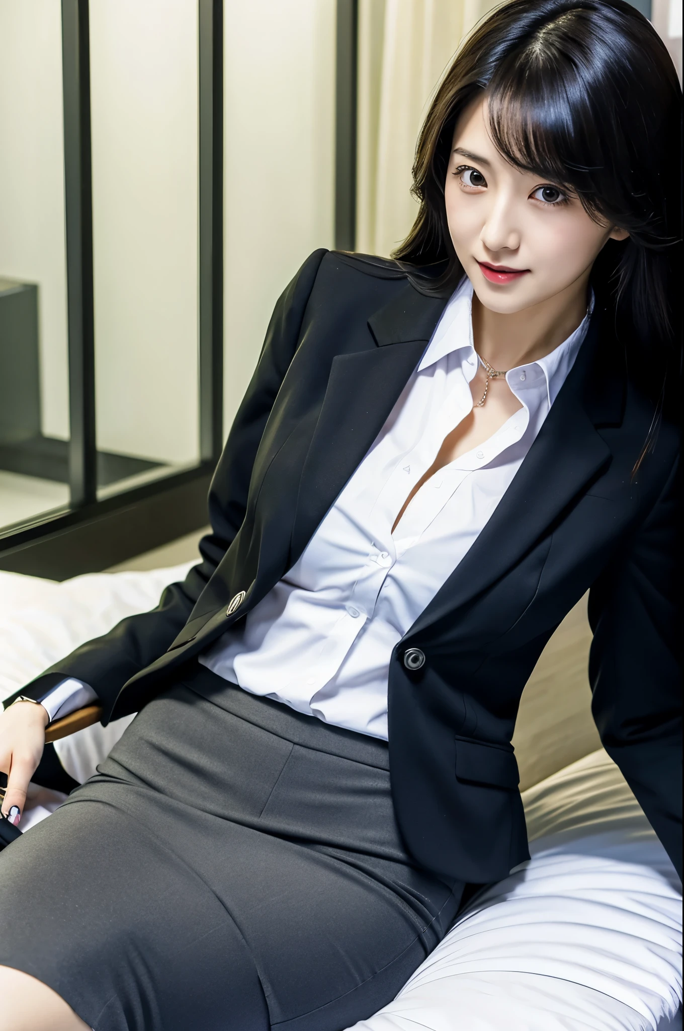 Japanese, Black hair, Skinny, office suit, y-shirt, tight skirt,cleavage, on the bed