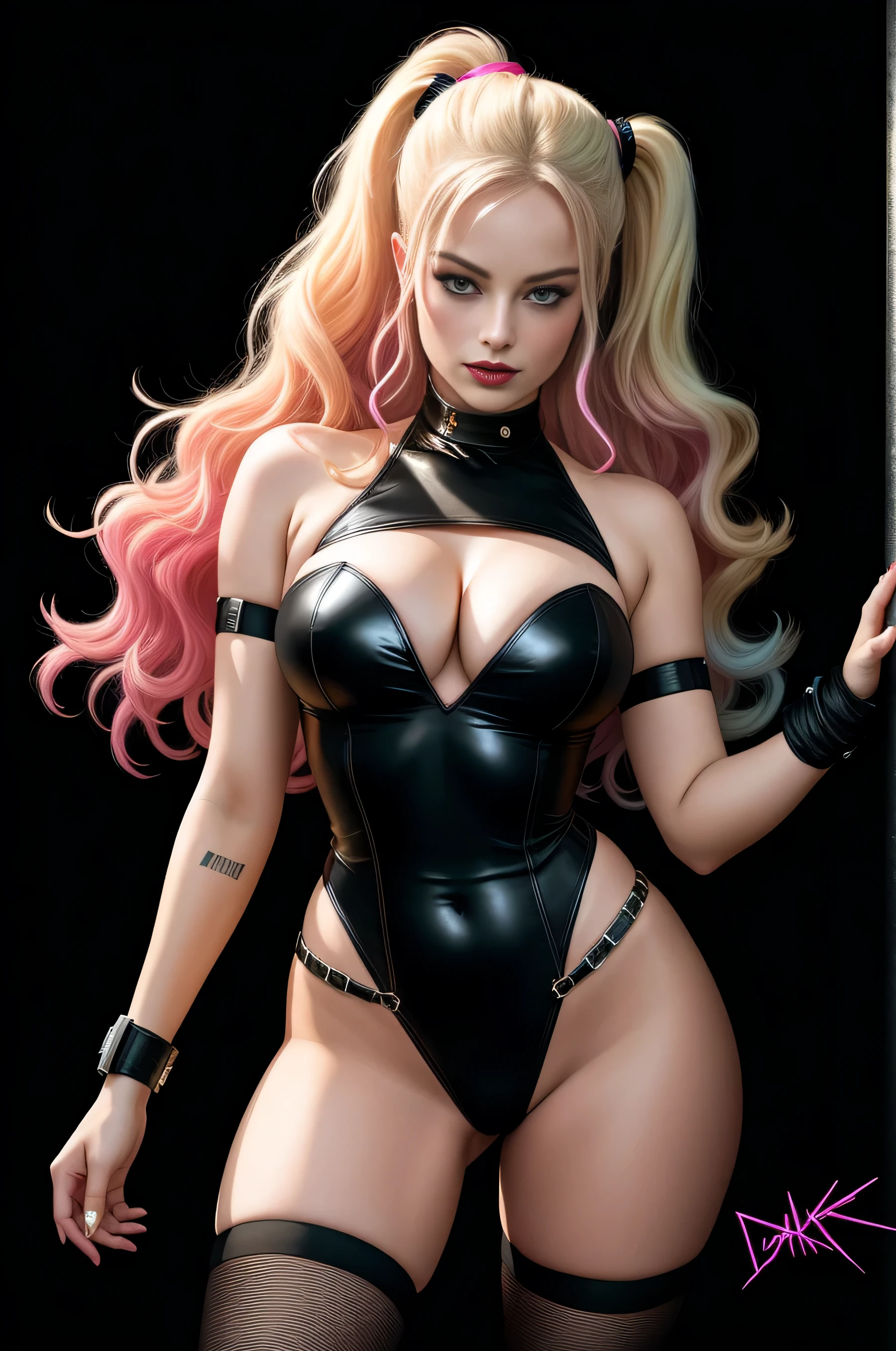 there is Margot Robbie as Harley Quinn standing, nice ass, thigh high boots, 3 d neon art of a woman's body, neon-noir background, cyberpunk femme fatale, seductive cyberpunk dark fantasy, cyberpunk strip clubs, cyberpunk 20 y. o model girl, oppai cyberpunk, banner, high definition cgsociety, cgsociety masterpiece, trending on cgstation, kda, random hair, looking at camera, gigantic breasts, cleavage, (high detailed skin:1.2), 8k uhd, dslr, super lighting, high quality, film grain, high res, highly detailed, hyper realistic, beautiful face, beautiful body, beautiful eyes nose lips, alluring expression, very bold, upper visible, full body photo, standing legs apart, pale translucent glowing skin, most beautiful face, cute, (well defined pubic hair:1.2)), (dark plain black background:1.4))