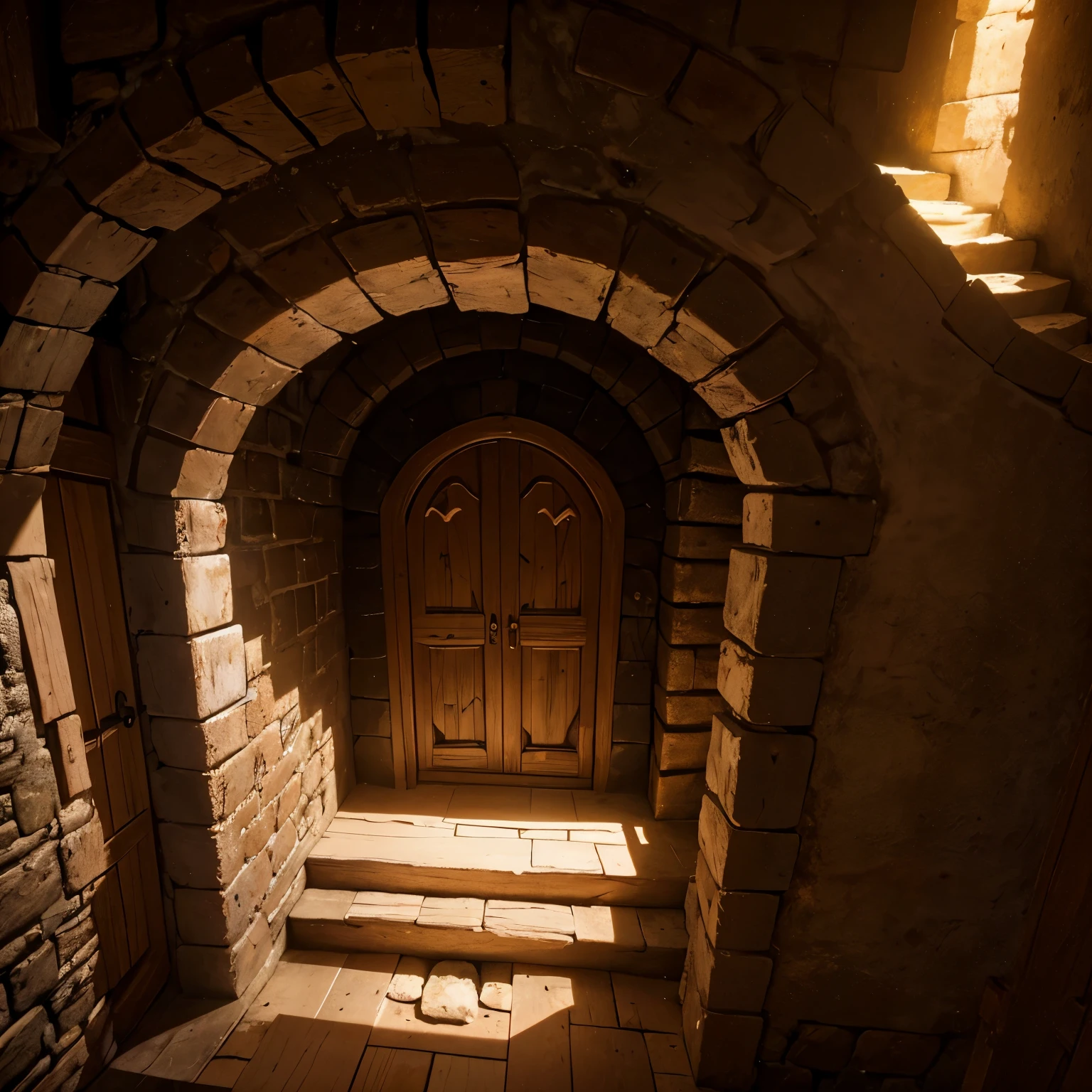 (A magical portal in the basement of a house)!, rustic, tijolo madeira, magic, magia fantasy, escadas, POV, Melhor qualidade, High definition, ultradetalhado, luz e sombra, ambient lighting, luz natural