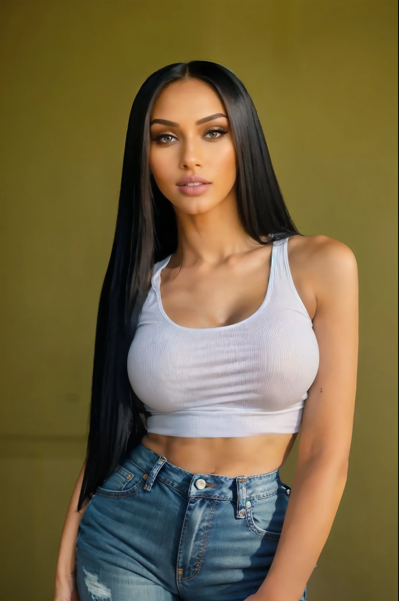 A woman with long black hair wears a white shirt and jeans., Female model, 2 4 years old, Shoot the chest upwards., The shirt is tight., wearing The shirt is tight., Wear a sexy crop top., Violet Myers, has straight black hair, Wear a cute shirt., The outfit is tight., She has olive brown skin., 3/4 Breasts, stomach chest, Instagram model