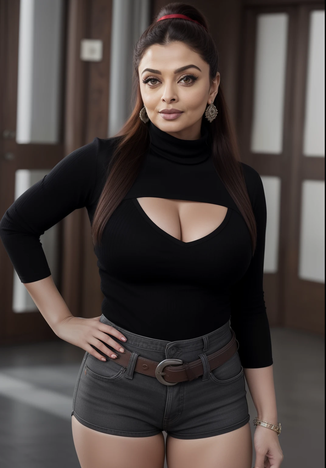 50 yo MILF Aishwarya Rai Bachchan, black jeans micro hot pants with red lumberjack shirt, ((thigh high boots)), ((ponytail hair)), bright sunny day scene, mature athletic curvy milf body, seductive pose in ranch, mature hourglass milf figure, perfect breasts with cleavage, looking straight at camera, soft volumetric lights, intricate details, (ArtStation:1.2)