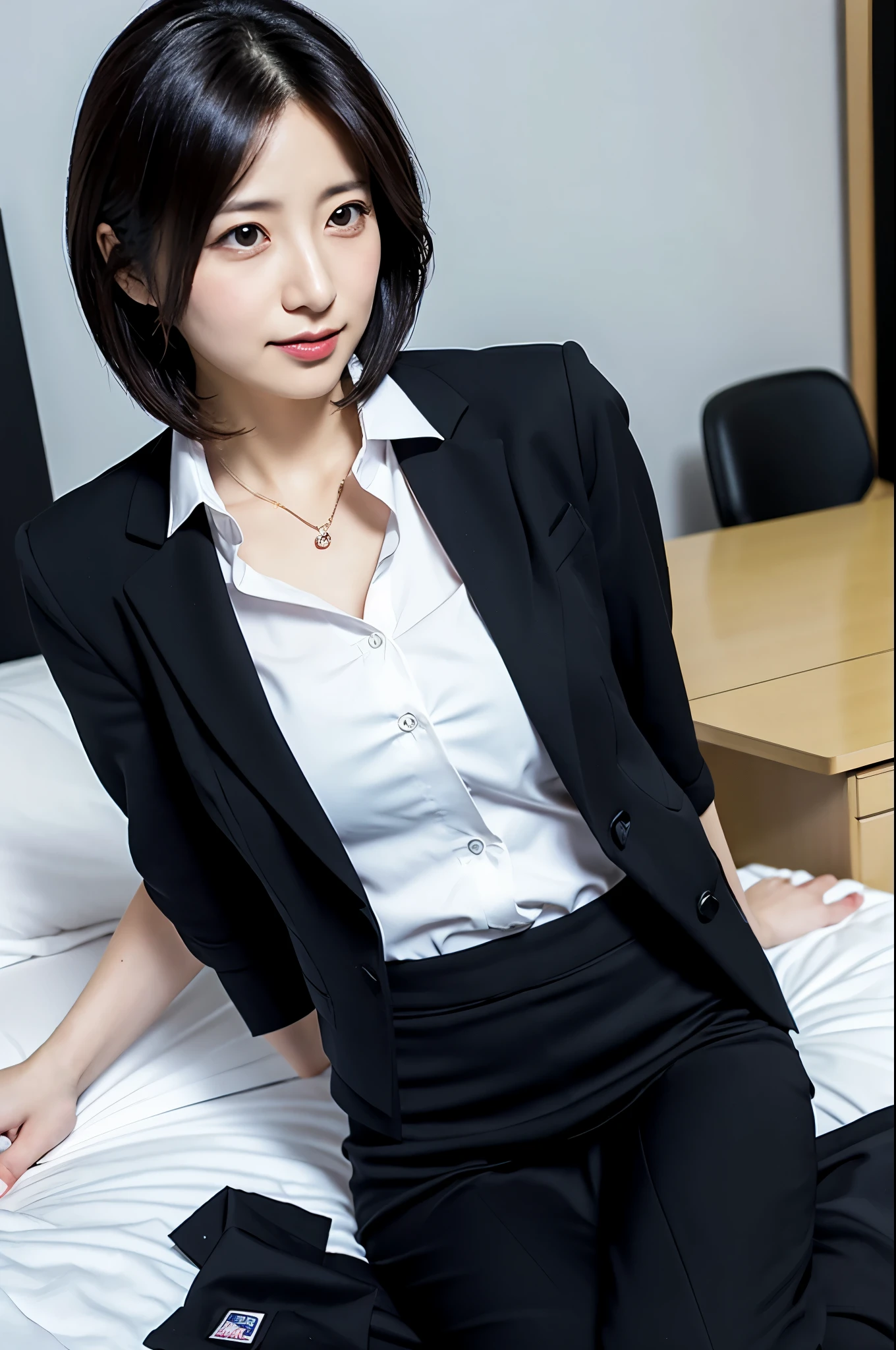 Japanese, Black hair, Skinny, office suit, y-shirt, tight skirt,cleavage, on the bed, uterus