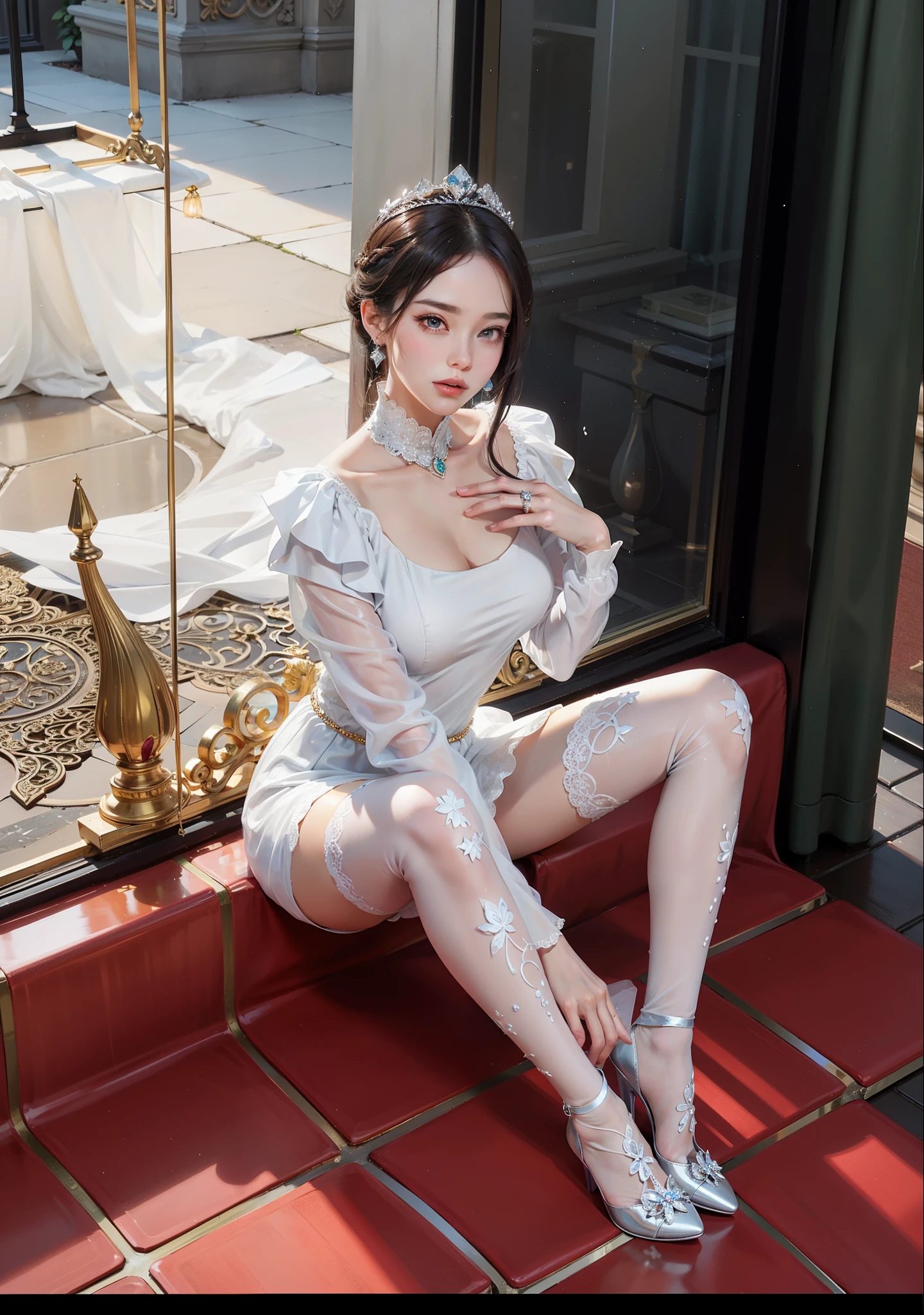 Royal sister，exquisite eyes，ice queen，put the crown on your head，Detailed facial expressions body，tall figure，Gorgeous，Leg length，4K，HD，Sensual，translucent lace，白皙plump figure，pretty face，Little cherry mouth，beautiful and delicious（3D royal sister），plump figure，gloss gel coat，Queen in luxurious dress，crystal gem decoration，Angel of light in armove fingers(neat fingers)，Tattered white pantyhose，white high heel boots