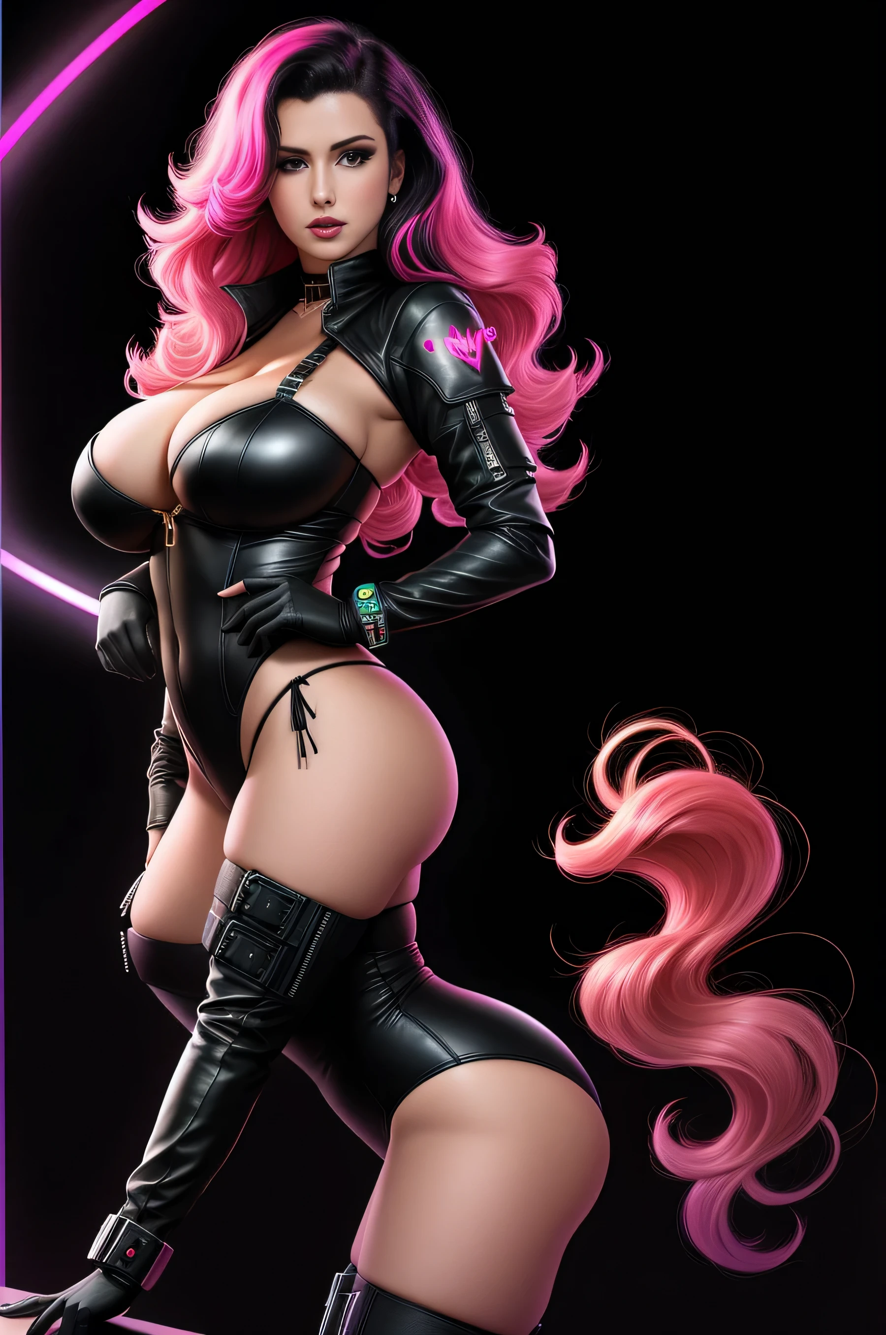 there is Rita Hayworth standing, nice ass, thigh high boots, 3 d neon art of a woman's body, neon-noir background, cyberpunk femme fatale, seductive cyberpunk dark fantasy, cyberpunk strip clubs, cyberpunk 20 y. o model girl, oppai cyberpunk, banner, high definition cgsociety, cgsociety masterpiece, trending on cgstation, kda, random hair, looking at camera, gigantic breasts, cleavage, (high detailed skin:1.2), 8k uhd, dslr, super lighting, high quality, film grain, high res, highly detailed, hyper realistic, beautiful face, beautiful body, beautiful eyes nose lips, alluring expression, very bold, upper visible, full body photo, standing legs apart, pale translucent glowing skin, most beautiful face, cute, (well defined pubic hair:1.2)), (dark plain black background:1.4))