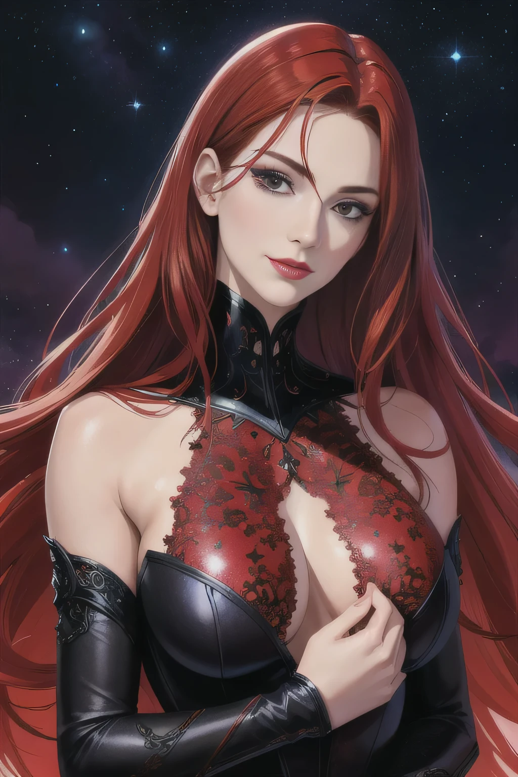 portrait shot, ((blood vivid red hair)), woman, 30 years old, diamond face, moonlight, red starry sky background, depth of field, magic, big red lips, ((dark black eyes)) black and red long and full dress, covered chest, mystical atmosphere, ominous shadows, Intense blue aura, Intense red aura (best quality:1.2), absurdres, intricate details, (highly detailed skin:1.2), smile expression, posing, taut and well defined body, attractive. Highly realistic, pale skin, beautiful, hyperrealism, skin very elaborated, direct gaze