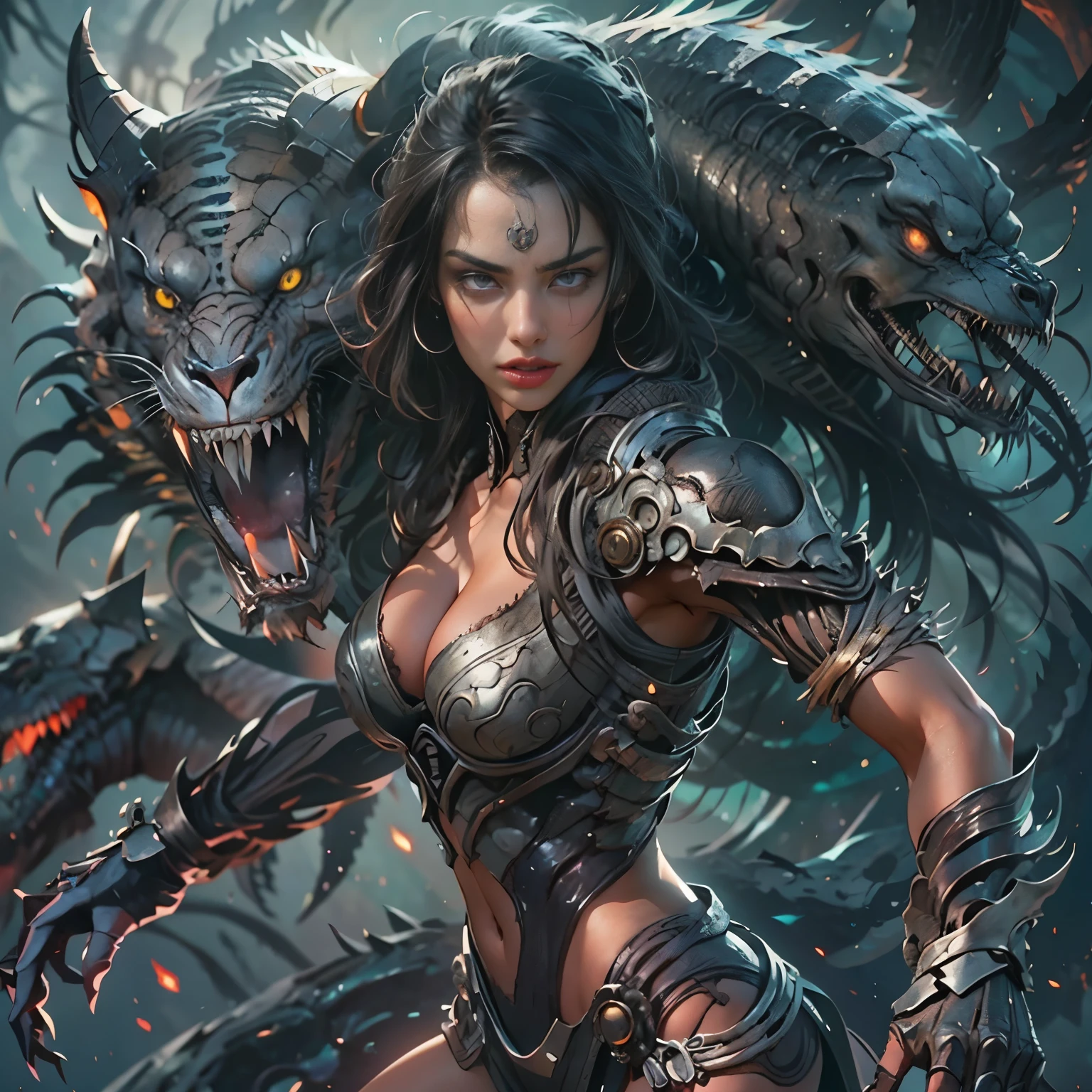 1 female alien, The Predator, warrior, (very beautiful:1.2), (intense gaze:1.4), (Predator:1.1), long dark nails, NSFW, nipple, thick eyebrows, Shining emerald eyes, the most beautiful face in the universe, black hair,
A woman with an very beautiful face, her intense gaze fixed on her prey, fundamental power that cannot be denied.
(very beautiful toned body:1.5), (super muscular physique:1.2), (prowl:1.3), (smooth movement:1.4),
her beautiful body, muscular and toned, She moved smoothly and gracefully as she wandered., Ready to attack immediately. The Predator within her was always on