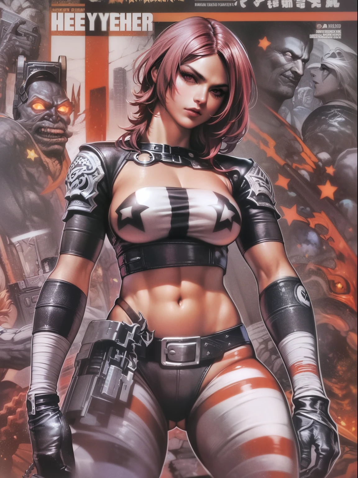 (((mulher))), (((melhor qualidade))), (((obra prima))), (((adulto))), (((1girl))), ((( cabelo preto curto ))), ((( cabelo de corte curto ))), (((random colors))), Uma lutadora de WWE cyberpunk mulher de 25 anos com corpo perfeito, rosto limpo, (( bandaged arms )), (((luva de lutadora de MMA))), tiny leather panties, armadura com texturas intrincadas, quase nua no estilo selvagem urbano de Simon Bisley para a capa da revista Heavy Metal, Spectacular colorful graphics, Minimum clothing, Metal protection on the left arm with intricate graphics, (((Dark random colors with white stars and red and white checkerboard pattern))), armadura, cheio de espinhos, (((do joelho pra cima))), ((( cabelos pretos curtos ))), Ao fundo um ringue com um design intrincado por Shepard Fairey