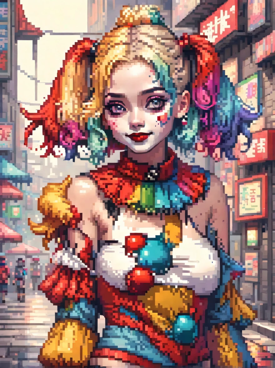 （pixel art：1.5）masterpiece, best quality, stills, 1 girl, cloud girl, floating into the sky, close up, bright, Cheerful, Soft lighting and warmth, sun sunset, (spark of light: 0,7)，红发女人的卡通close up, 令人毛骨悚然的Harley Quinn孩, Harley Quinn, 哥特Harley Quinn孩, and 2K cute core clown core, Cute clowns, whole body concept, clipped full body portrait, low resolution, necromancer girl cyborg saint, Chuck style, Smart style, color screen tint