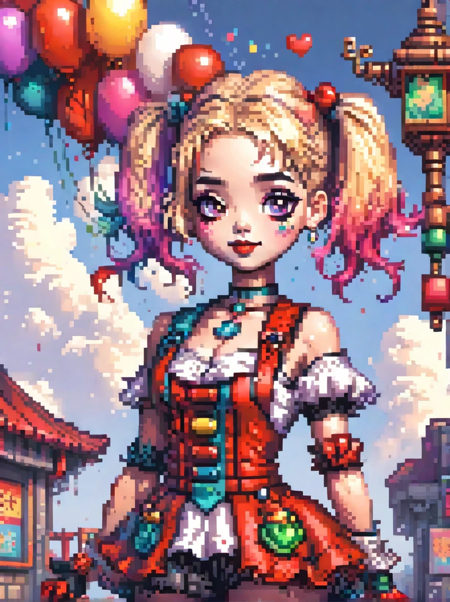 (pixel art:1.5)masterpiece, best quality, stills, 1 girl, cloud girl, floating into the sky, close up, bright, Cheerful, Soft lighting and warmth, sun sunset, (spark of light: 0,7),红发女人的卡通close up, 令人毛骨悚然的Harley Quinn孩, Harley Quinn, 哥特Harley Quinn孩, and 2K cute core clown core, Cute clowns, whole body concept, clipped full body portrait, low resolution, necromancer girl cyborg saint, Chuck style, Smart style, color screen tint