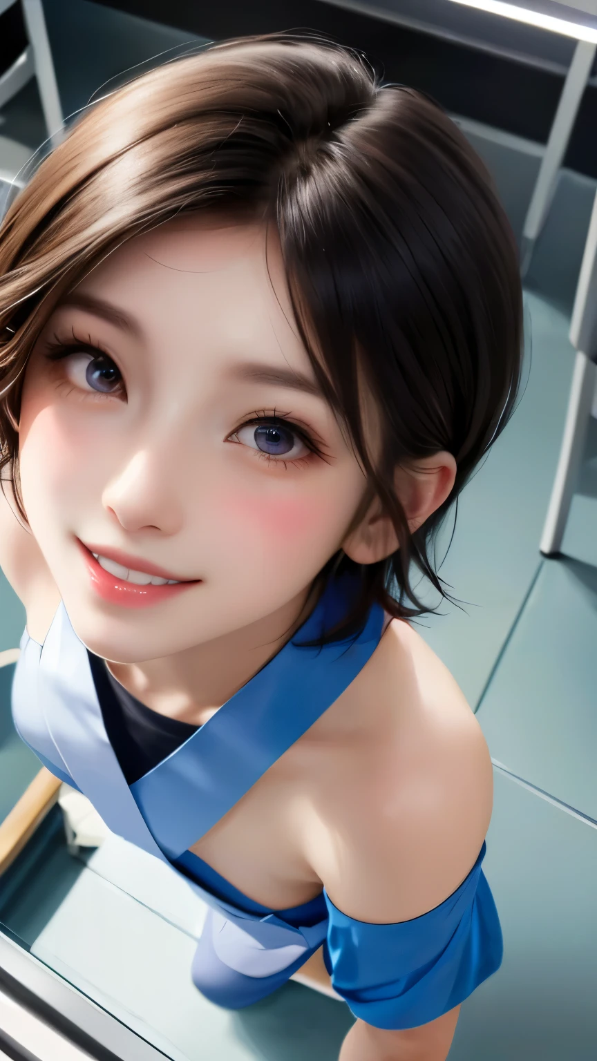 masterpiece,8K,(Lovely, retina, masterpiece, Accurate, anatomically correct, beautiful skin, Super detailed, advanced details, high quality, 最high quality, High resolution, 1080p, hd, 4k, 8K, 16k), (upper body close-up),(((short hair))),(Beautifully detailed eyes wide open))), thick and beautiful lips, (((beautiful teeth alignment)))、highly detailed eyes and face), studio lighting, Physically based rendering, bright colors, (small breasts:1.8, slender body), ((white dentist scrubs)), (portrait, shiny hair, shiny skin, blush), (((looking down from above))),(in the examination room:1.5), eye reflection, jet black hair, smiling with his mouth closed