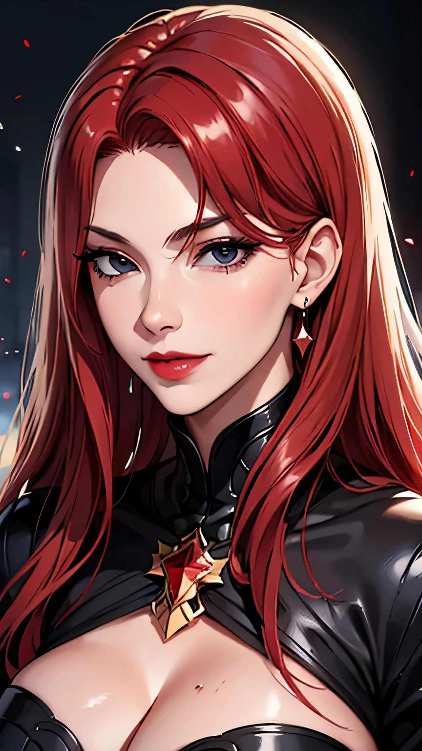 portrait shot, ((blood vivid red hair)), mature woman, 30 years old, diamond face, moonlight, red starry sky background, depth of field, magic, big red lips, ((dark black eyes)) black and red long and full attire, covered chest, mystical atmosphere, ominous shadows, Intense blue aura, Intense red aura (best quality:1.2), absurdres, intricate details, (highly detailed skin:1.2), smile expression, posing, taut and well defined body, attractive. Highly realistic, pale skin, beautiful, hyperrealism, skin very elaborated, direct gaze
