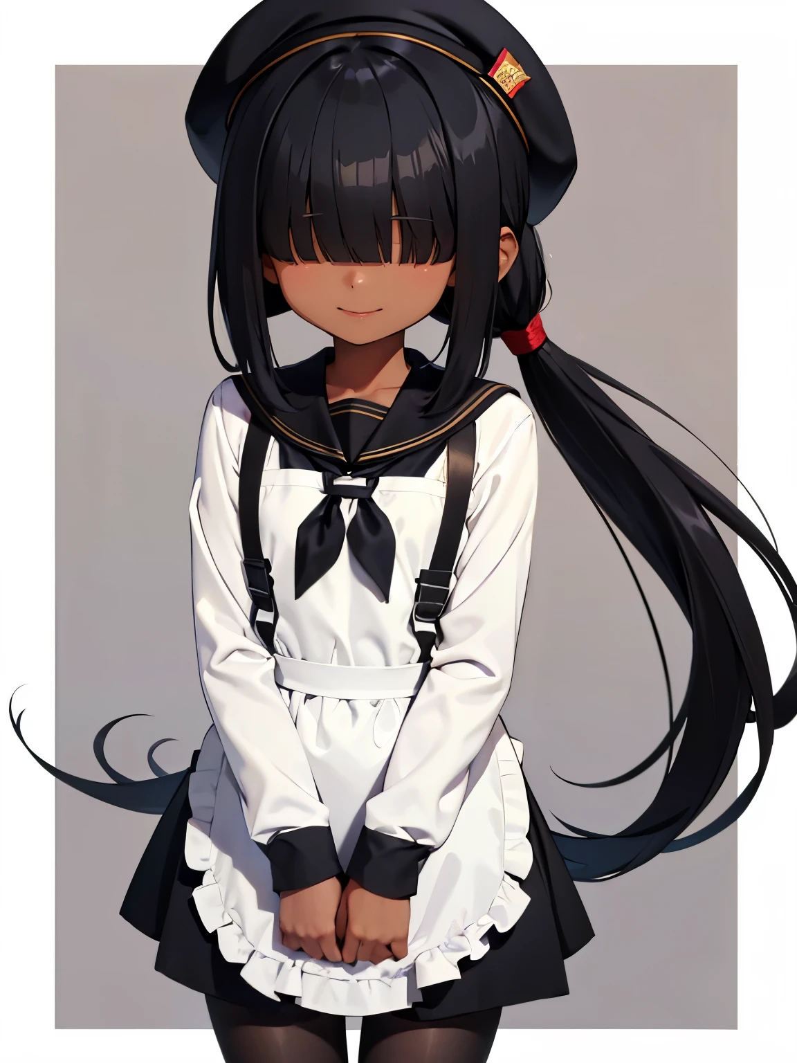 Black hair, short, ager, black skin, medium hair, black beret, long bangs, bangs covering eyes, covered eyes, black tights, kuudere, emotionless, expressionless, skin, brown skin, white clothes, very long bangs, school, bangs over eyes, school uniform, hair over eyes, smile, standing, ponytail, black apron
