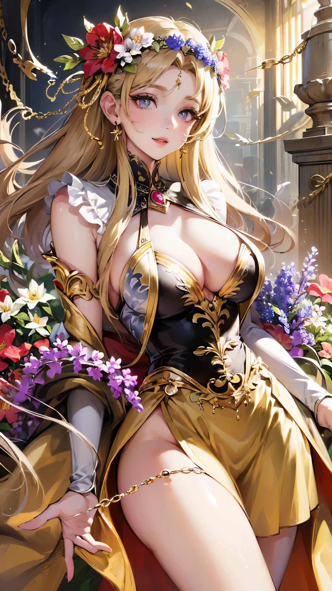((highest quality)),(ultra high resolution),(Super detailed),(detailed description),((best CG)),(best work of art),super precision art,amazing drawing art,(Fantasy art with precise details:1.5, (goddess of beauty:1.6),(beautiful and well-shaped face:1.6),(Meticulously detailed ancient Roman clothing:1.6),(flower hair ornament:1.6),(Gorgeous, carefully groomed blonde hair:1.7),big breasts:1.6,thin waist:1.4,Beautiful leg lines:1.3,smile:1.4, eternal spring flower garden:1.5,A gentle wind blows through:1.5,refreshing sunlight:1.3