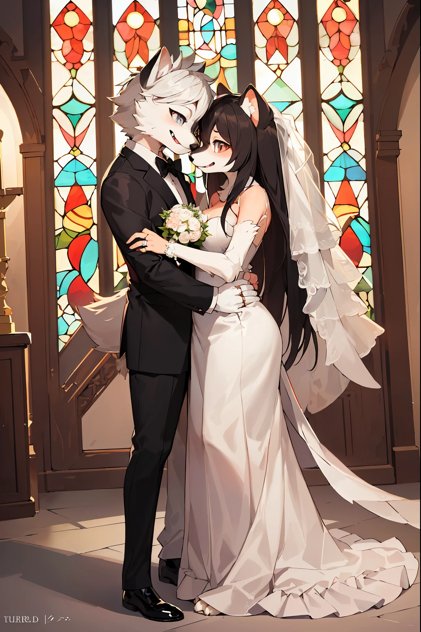 Top quality, ultra-fine illustrations(associations, colorful stained glass with shimmering light, kaleidoscope, wedding aisles lined with jewel-like lamps)(very detailed and beautiful faces, very detailed and beautiful eyes, eyes with lively brilliance)absurdres, perfect anatomy(angelic cute 1girl, kemono, angelic handsome 1boy, couple)(happy wedding, husband in tuxedo, beastman wife in wedding dress, husband hugging wife's shoulders, Two people staring at each other and smiling, wedding photo, bouquet of beautiful flowers, shining wedding ring on ring finger)(furry anthro:1.7)(furry body, animal face features, animal body features)(very detailed fur)full body, smile, kiss (dynamic pose),