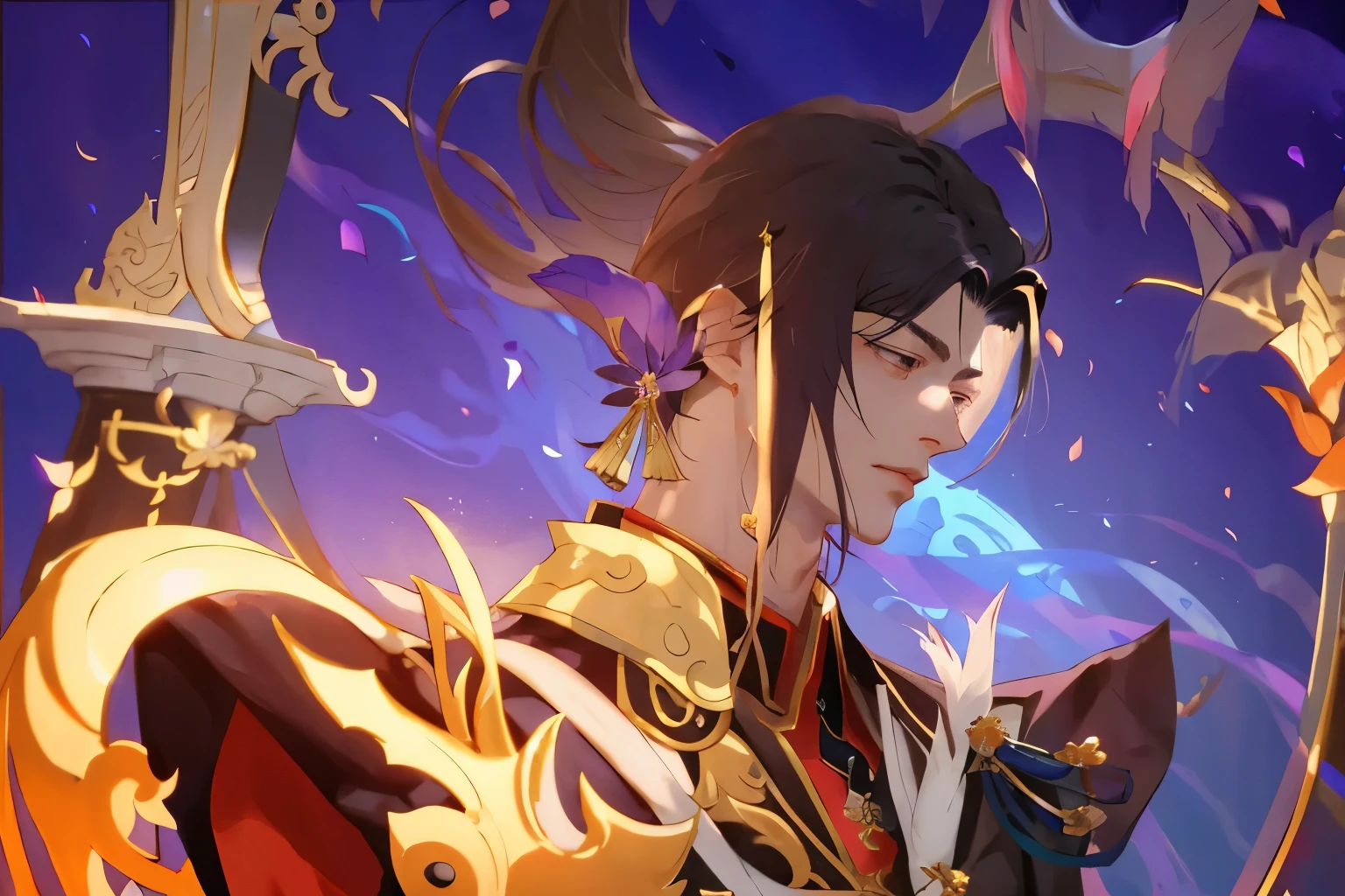 Enjou of Genshin impact, handsome man, close up of a person, with a flower, flirtatiously, Punishing Gray Raven, Final Fantasy, FF7, handsome man, androgynous prince, delicate androgynous prince, handsome prince, zhongli from genshin impact, heise jinyao, casimir art, genshin, loong, royal elegant pose, taisho roman, granblue fantasy