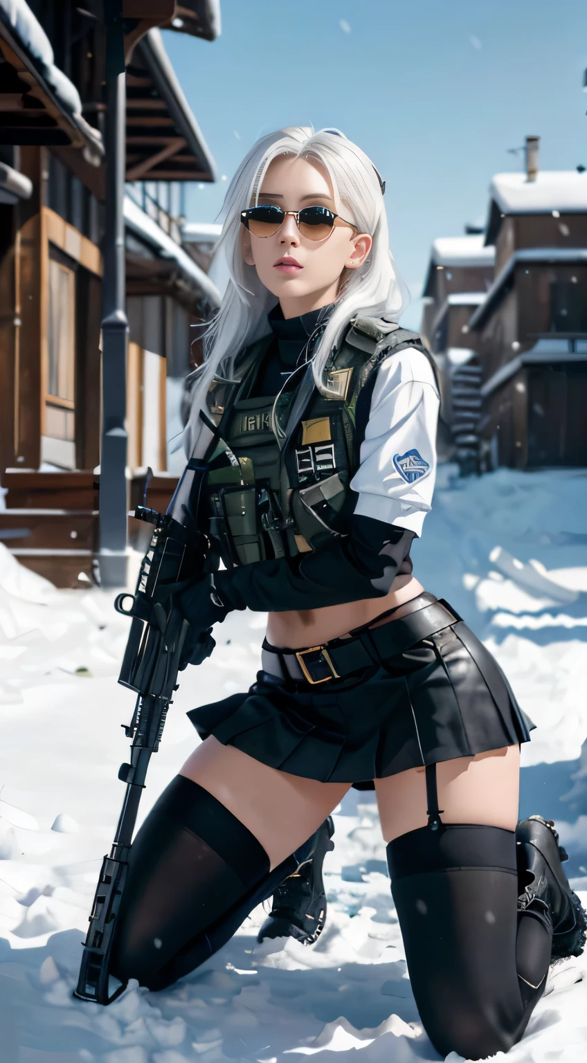 ((best quality)), (masterpiece), photorealistic, photorealism, 1girl kneeling and aiming with an ak-47 assault rifle, mini skirt, (thighhighs), Photorealistic, high resolution, Snow background, looking to the camera, (Detailed face), White hair, SWAT vests, Gun, jewelry, black gloves, sunglasses on Head, Fingers are occluded, knee high socks, black boots