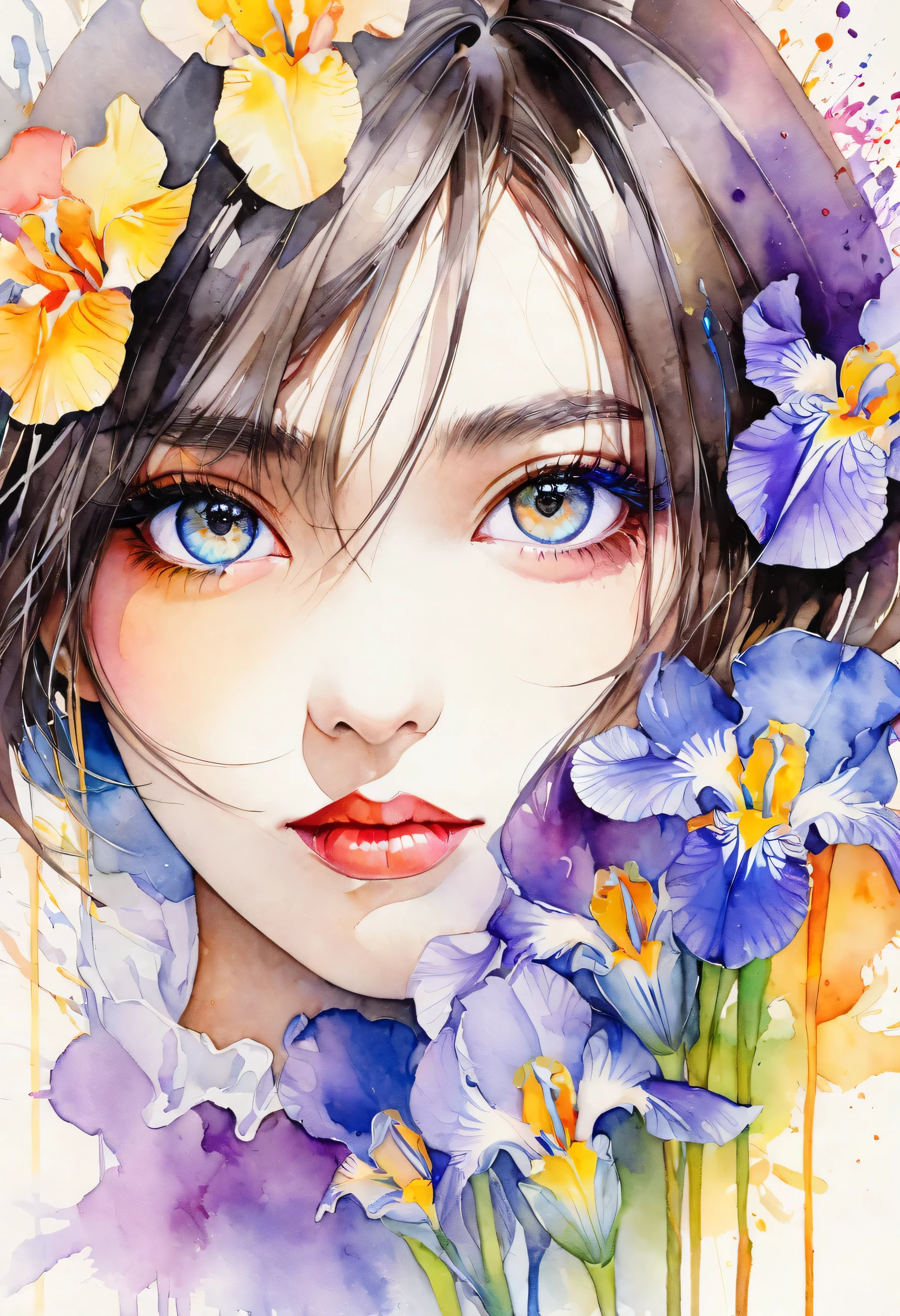 beautiful woman portrait, Sylvia Pelissero watercolors, Irises flower、beautiful eyes、 abstract art, intense watercolor, watercolor detailed art, watercolor splash, surreal, avant-garde pop art, Beautiful and expressive paintings, Beautiful artwork illustration, very colorful tones, wonderful, cool beauty, highest quality,official art, women only, sharp outline, best shot, vector art, Written by Sandra Chevrier, dave mckean、Written by Richard Avedon、Written by Makiezi Kusiala、Haruka Fukuhara、