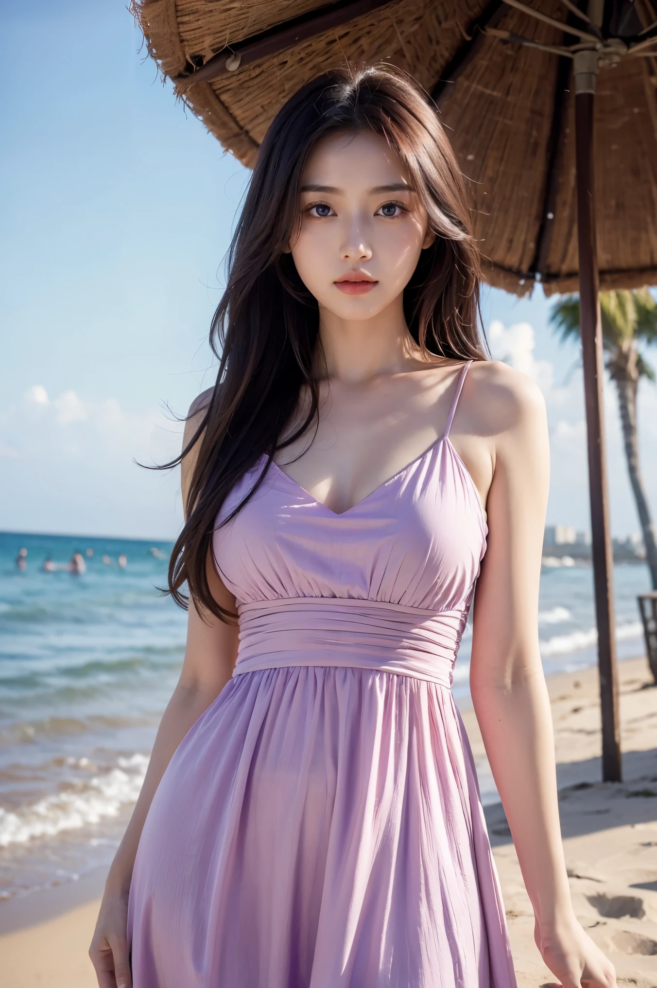 masterpiece, high resolution, best quality, Very detailed, pink eyes, beautiful woman, purple dress，beach，long hair